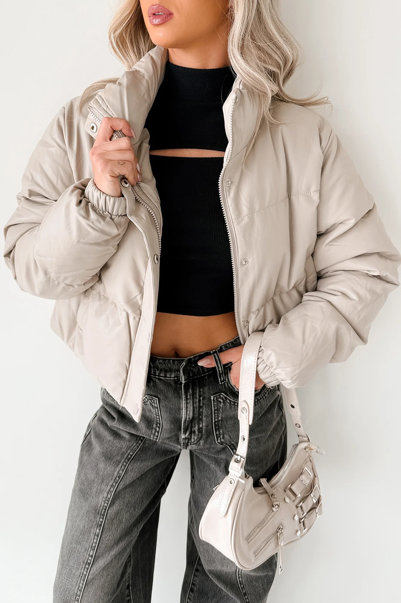 Shine Your Way Faux Leather Puffer Jacket (Taupe) - Image 7