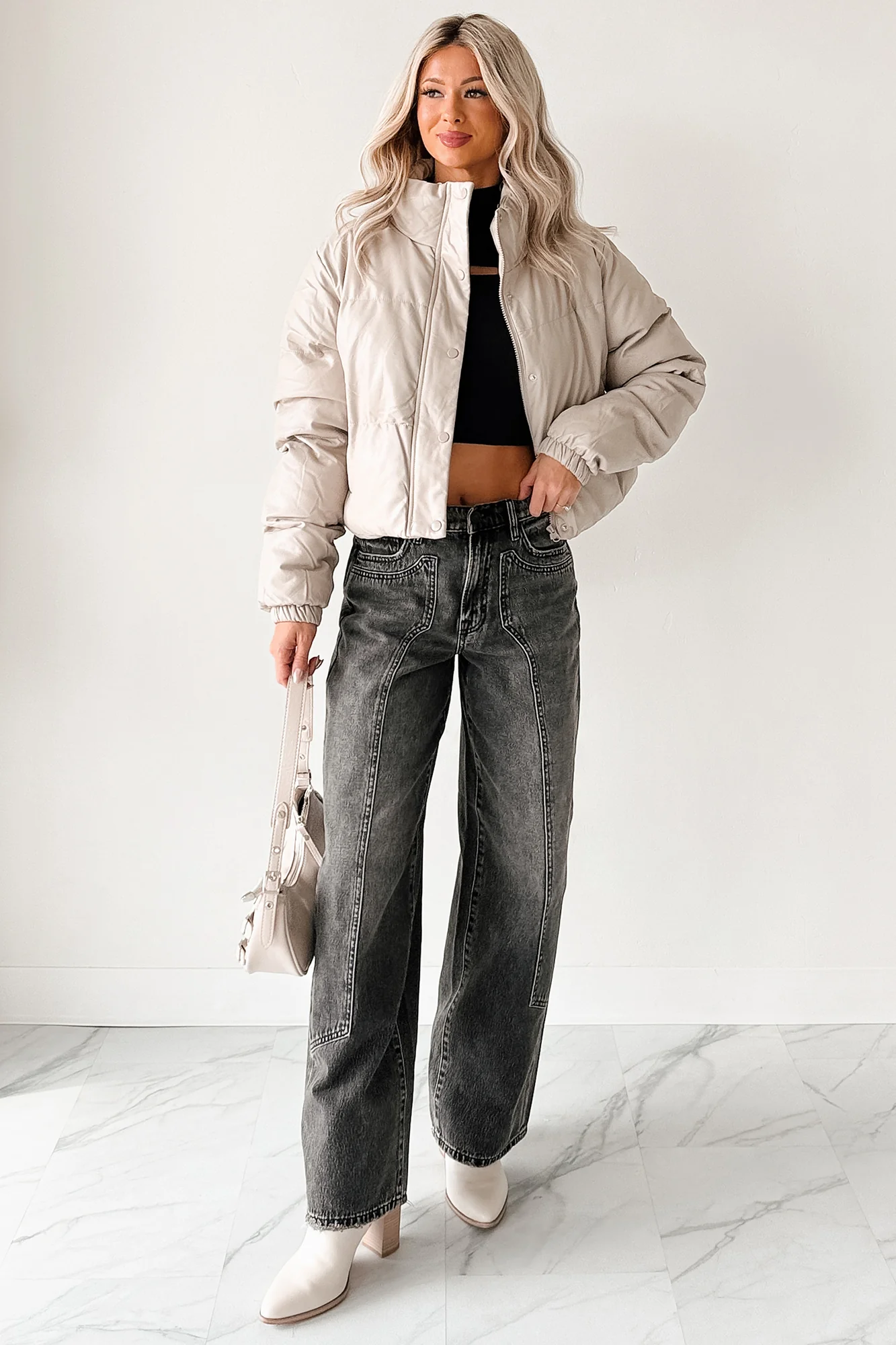 Shine Your Way Faux Leather Puffer Jacket (Taupe) - Image 8