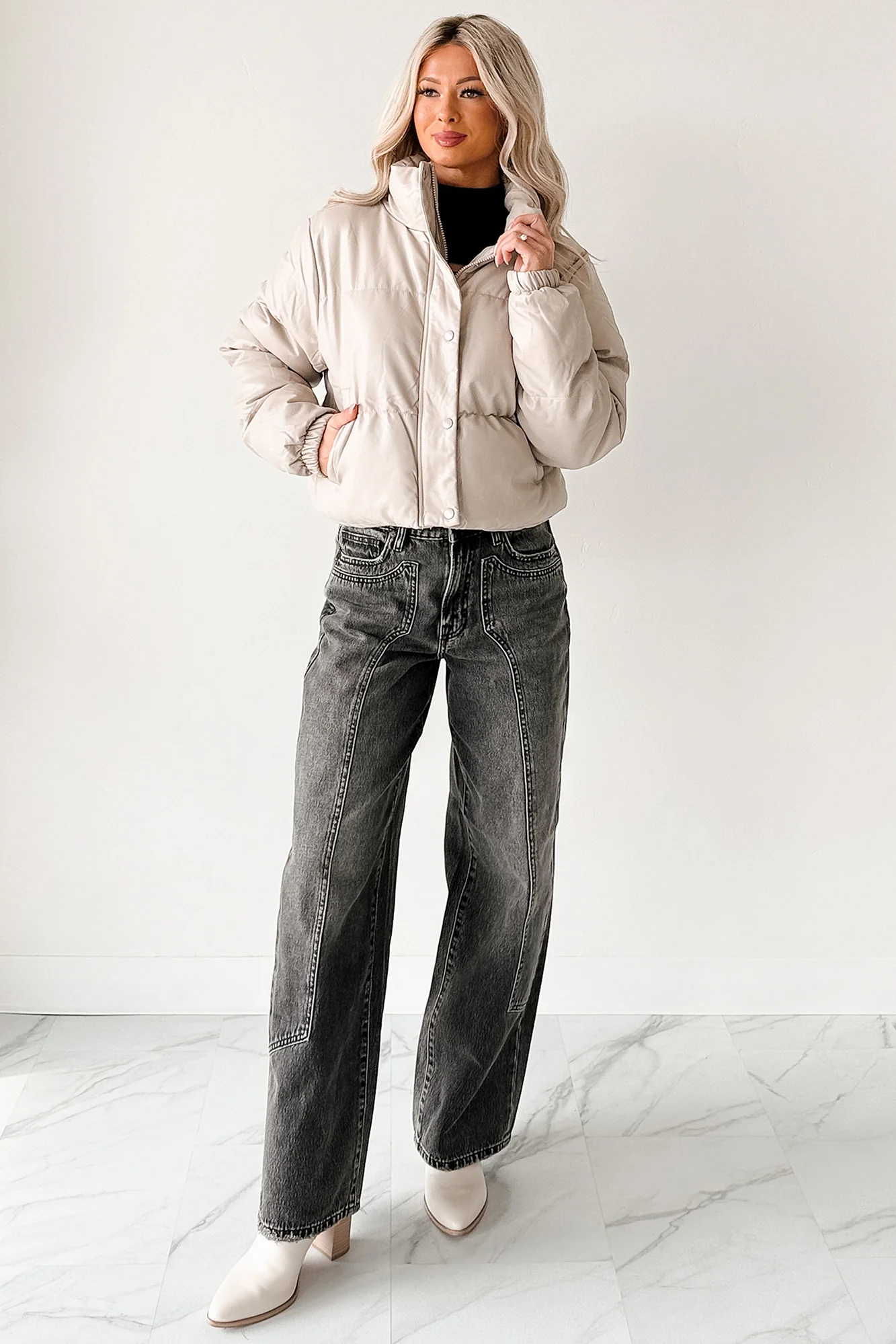 Shine Your Way Faux Leather Puffer Jacket (Taupe) - Image 9