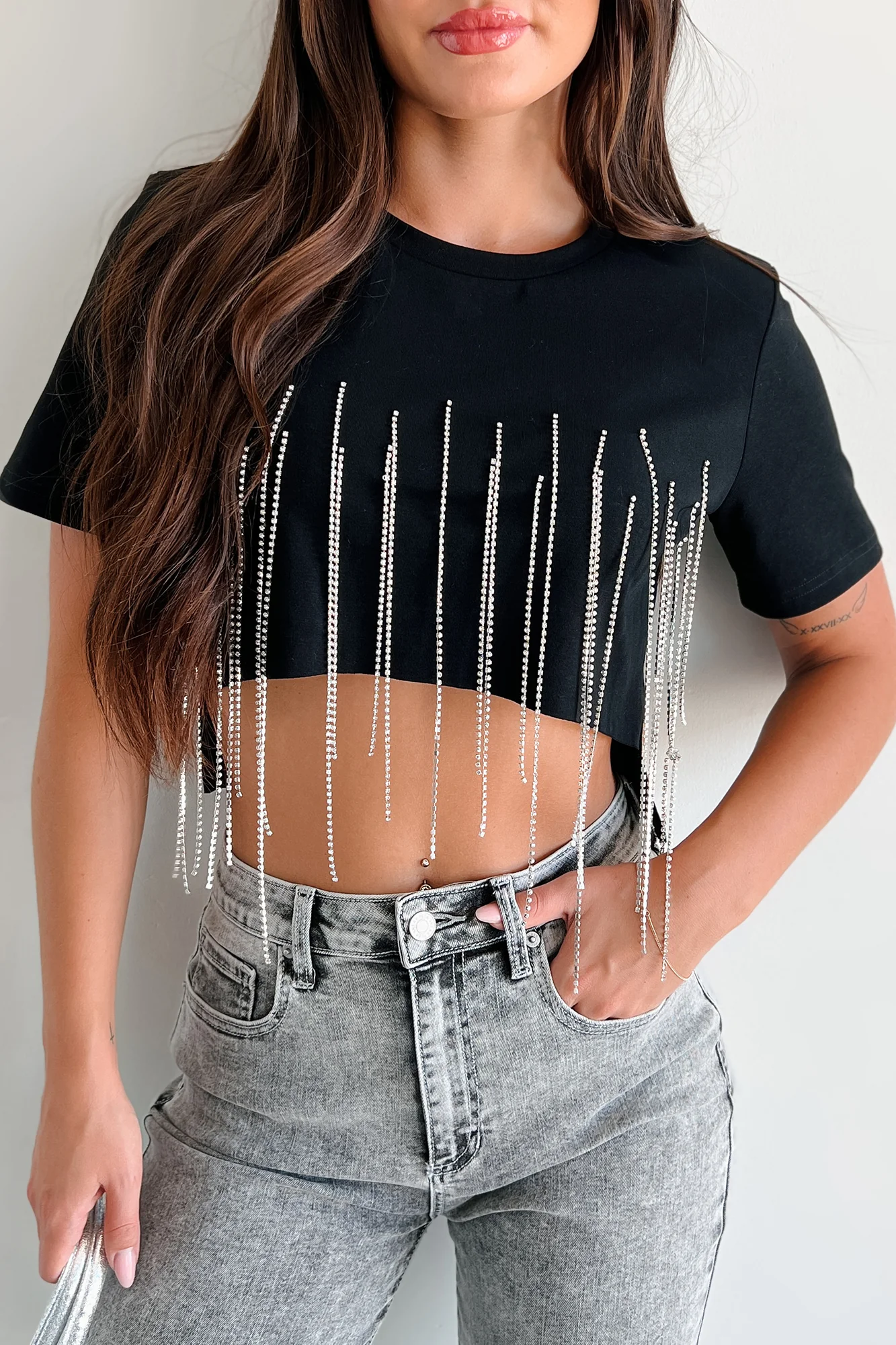 Brittany Rhinestone Fringe Padded Shoulder Top (Black) - Image 3