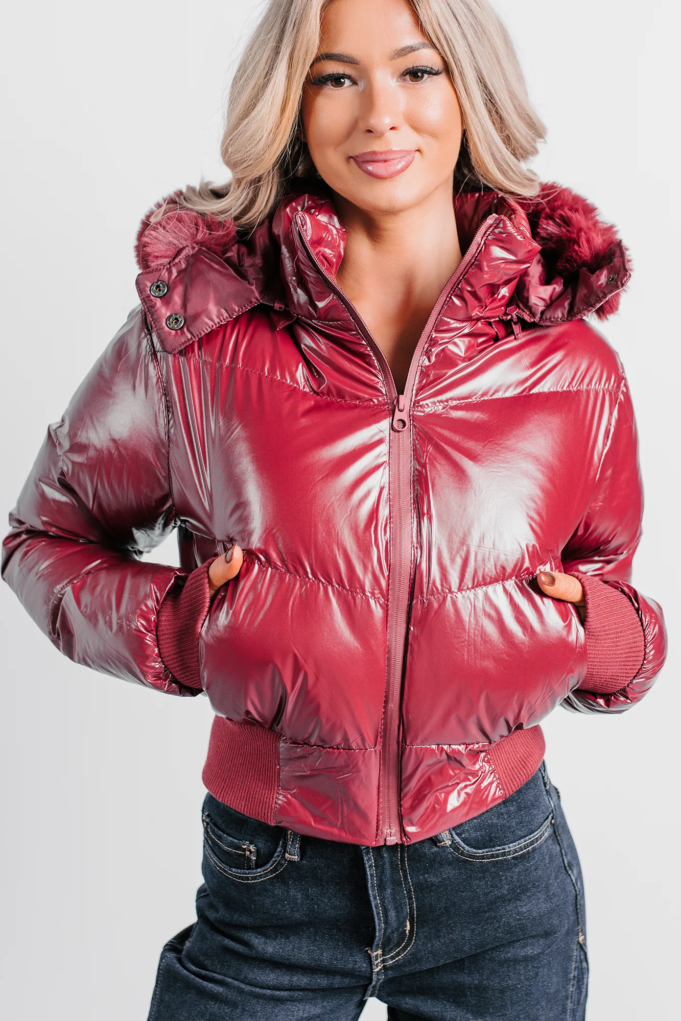 Show You How Faux Fur Hooded Puffer Jacket (Burgundy) - Image 3