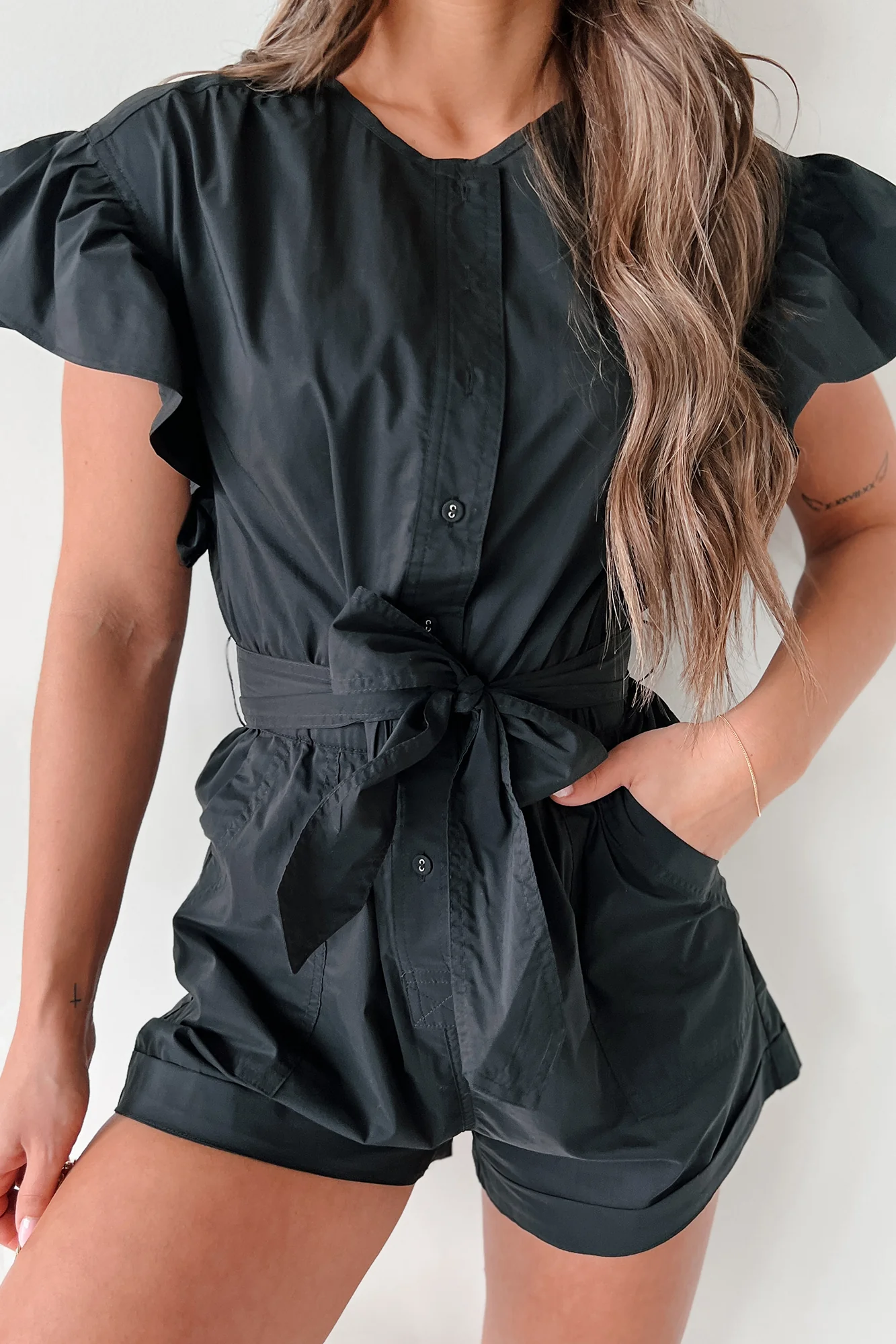 Shula Button-Front Ruffle Sleeve Romper (Black) - Image 3