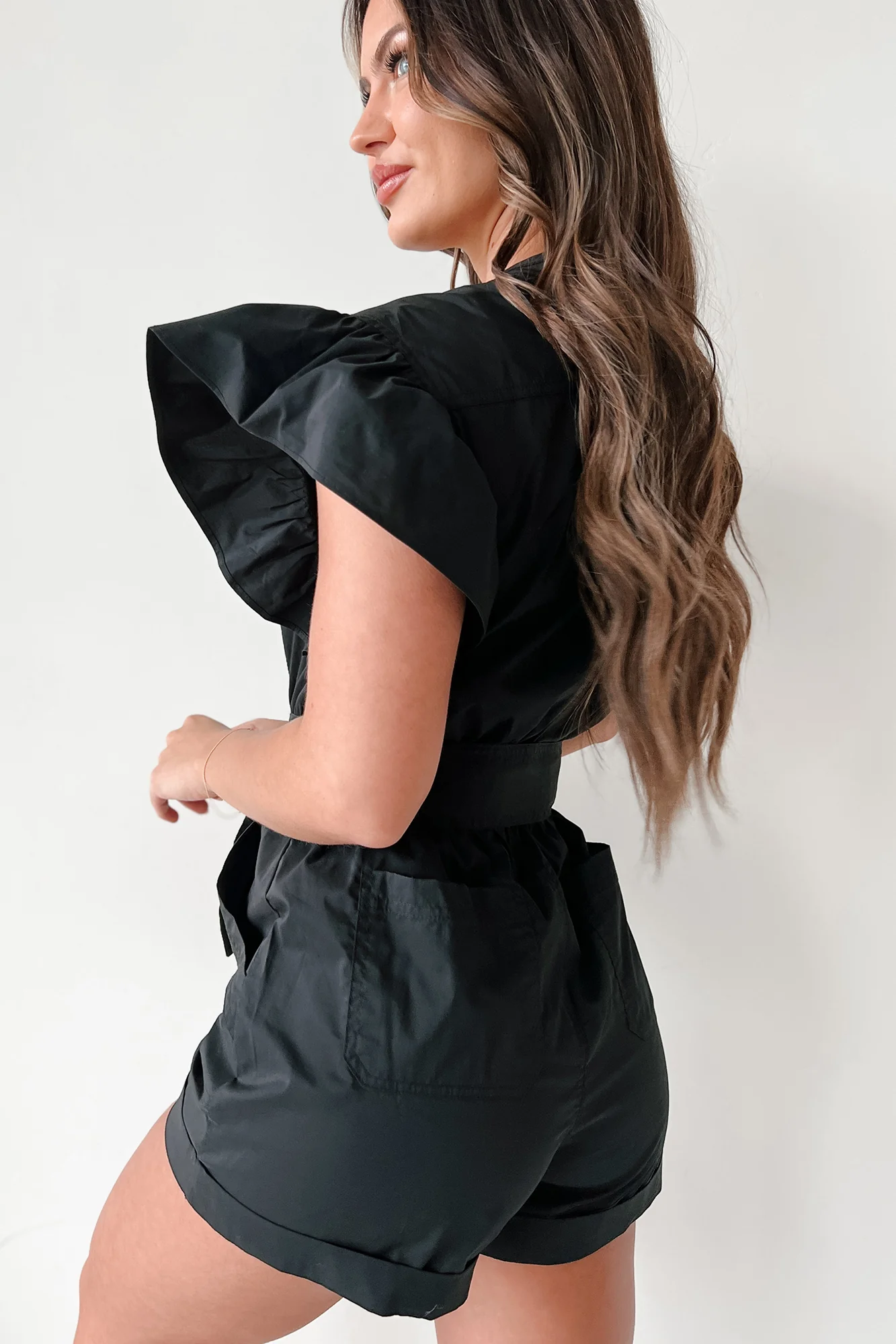 Shula Button-Front Ruffle Sleeve Romper (Black) - Image 4