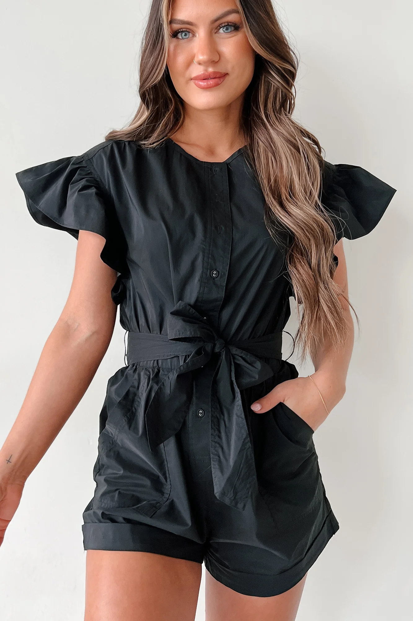 Shula Button-Front Ruffle Sleeve Romper (Black) - Image 6