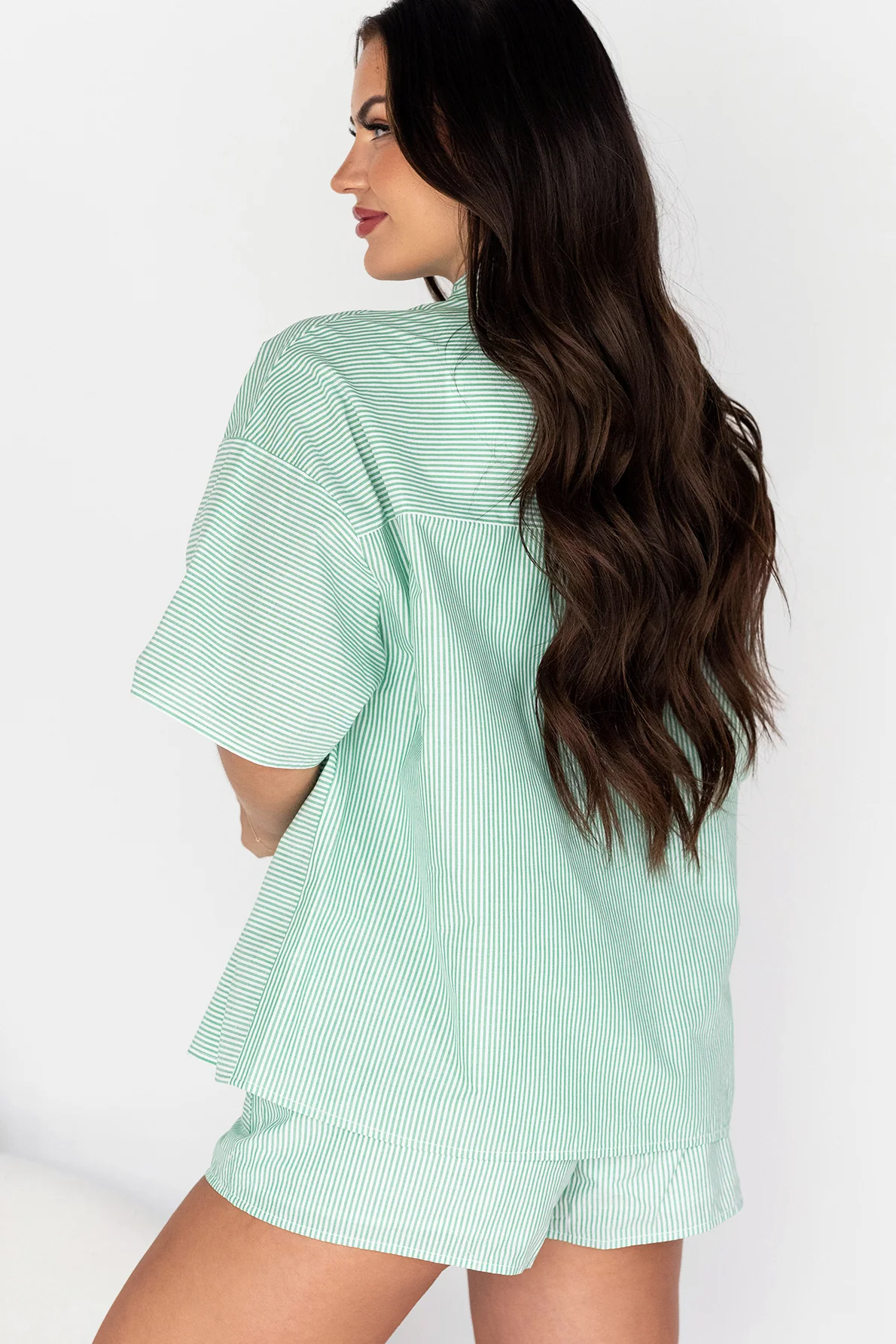 Sigrid Oversized Short Sleeve Button-Down (Green/White Stripe) - Image 4