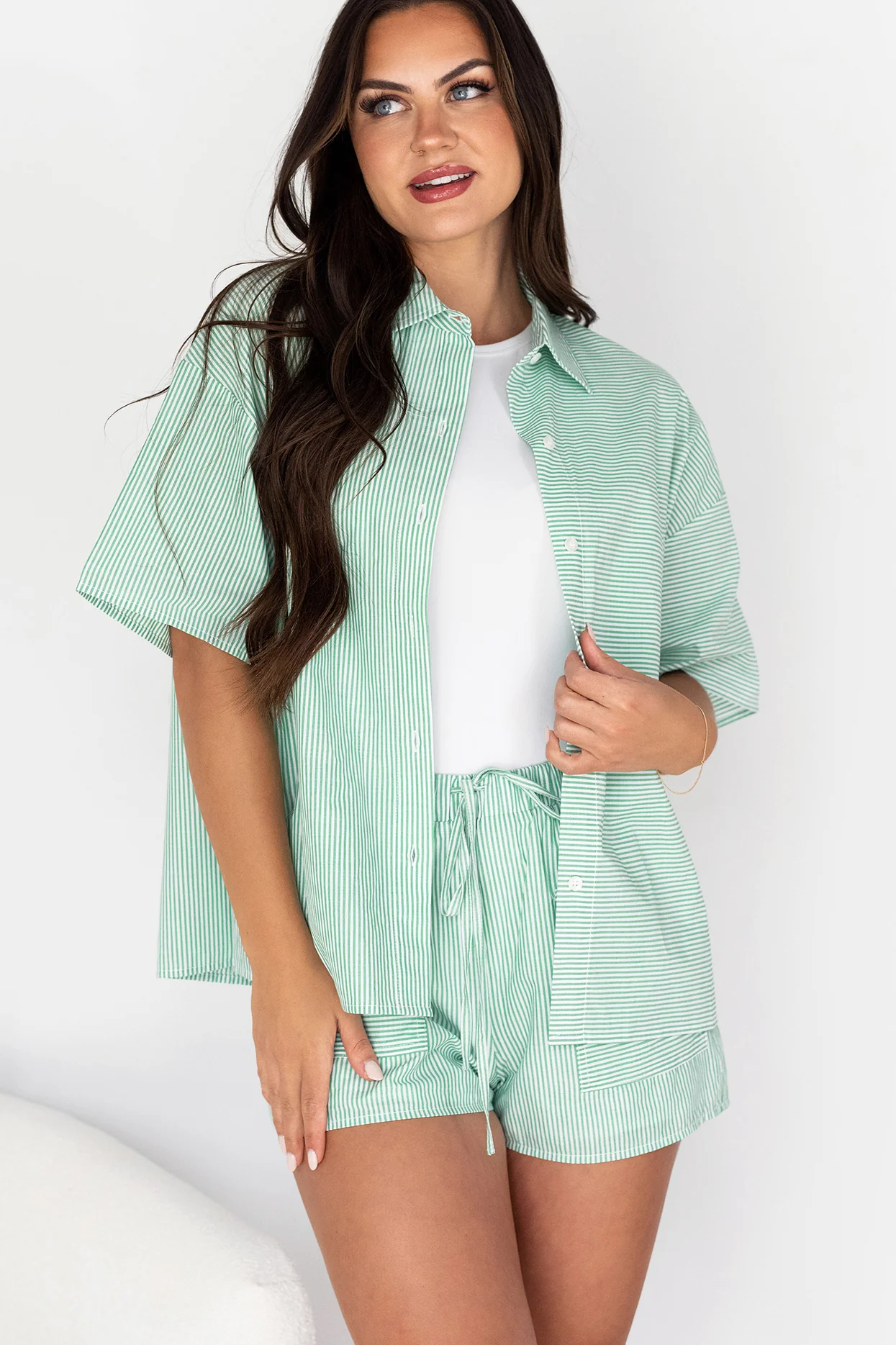 Sigrid Oversized Short Sleeve Button-Down (Green/White Stripe) - Image 5