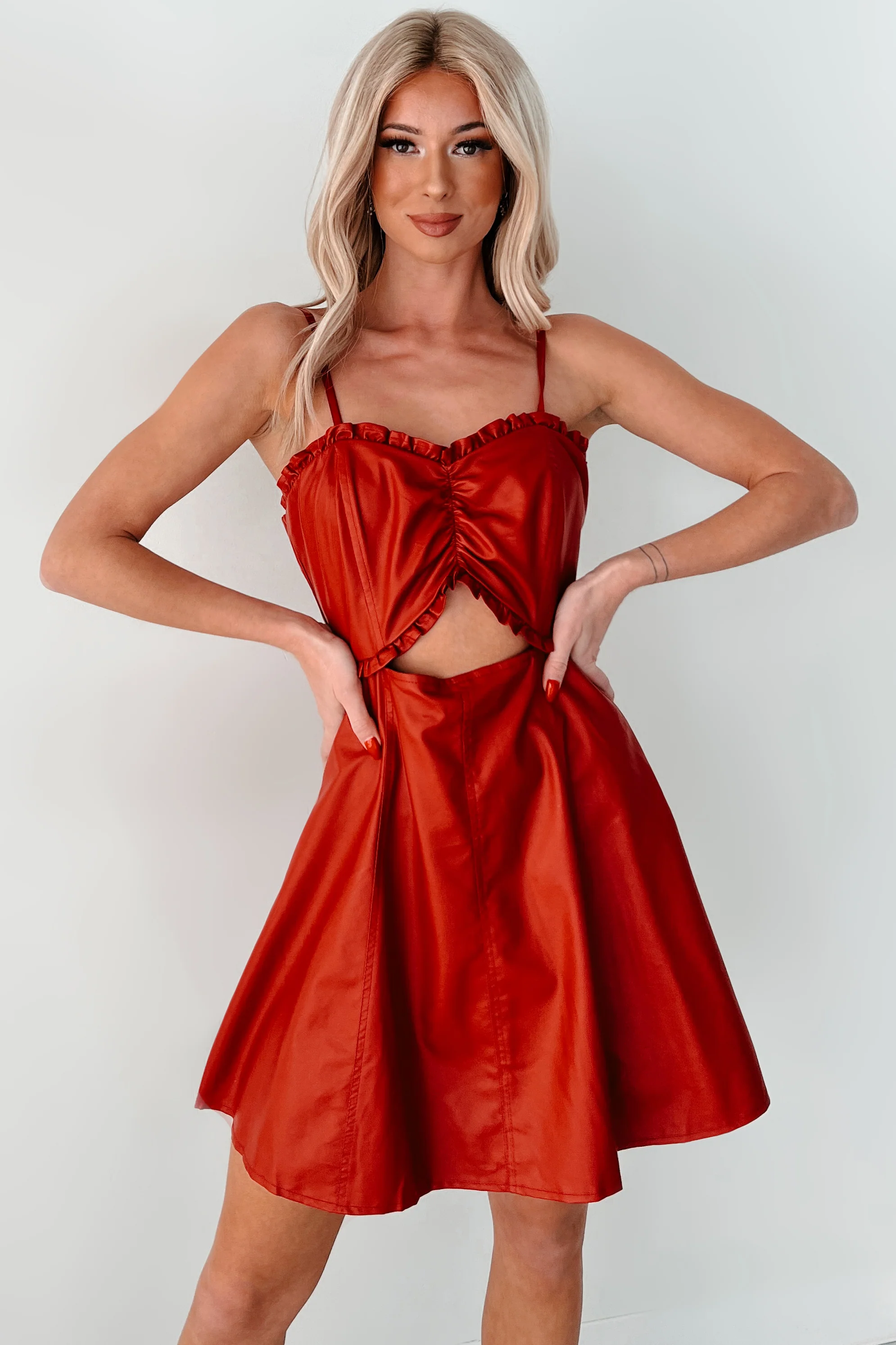 Simmering Looks Faux Leather Mini Dress (Red) - Image 2