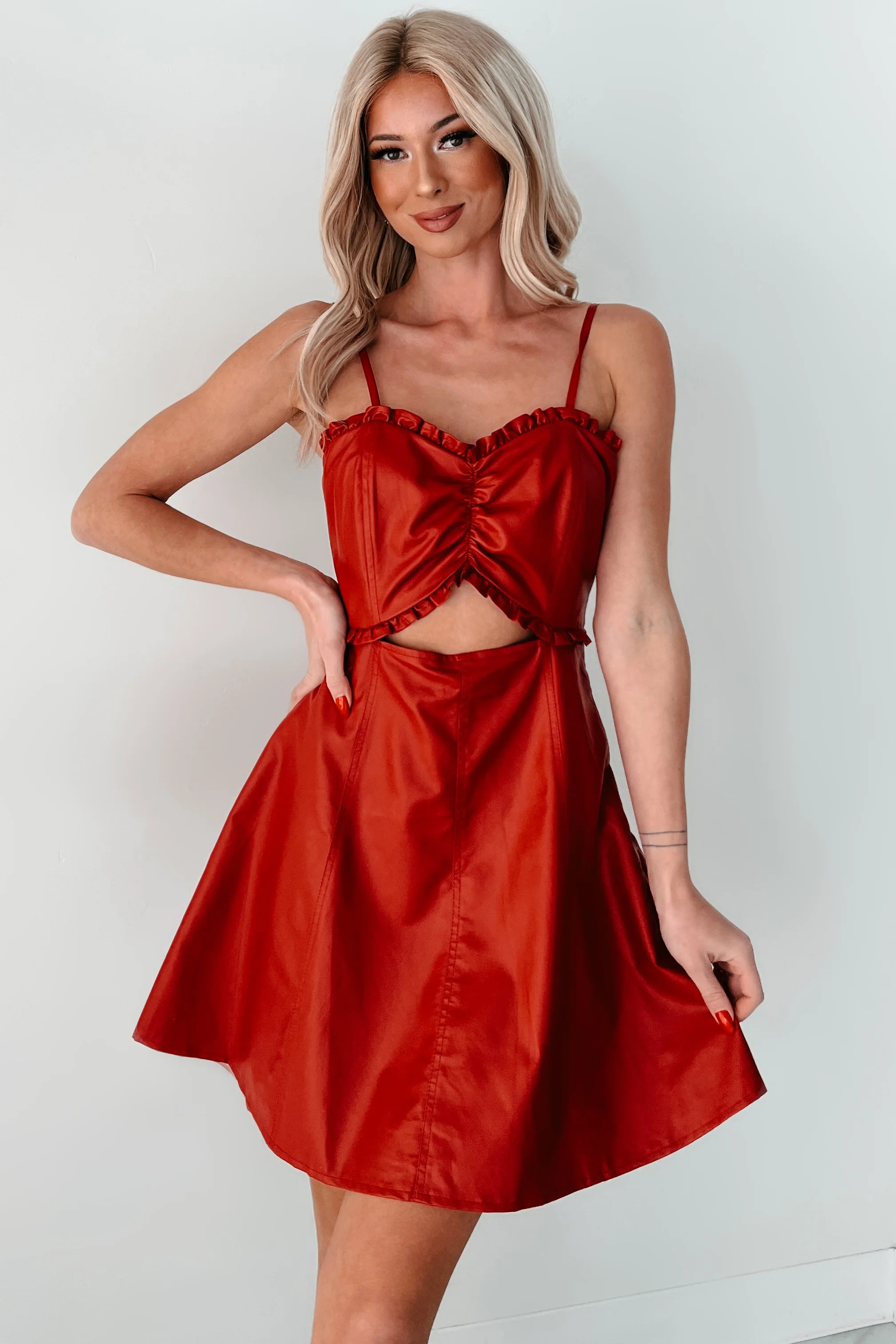 Simmering Looks Faux Leather Mini Dress (Red) - Image 6