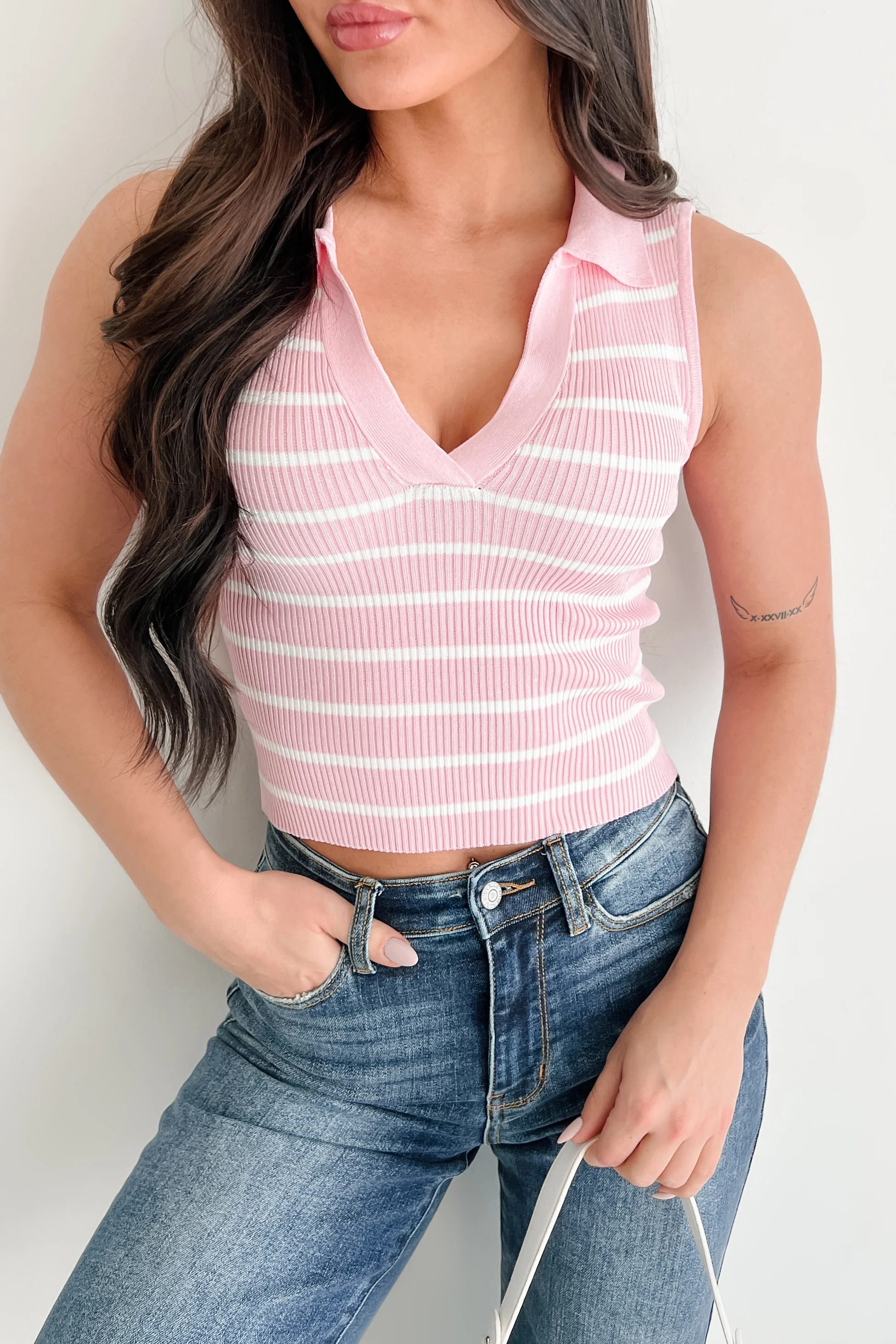Simple But Stylish Sleeveless Striped Top (Light Pink) - Image 13