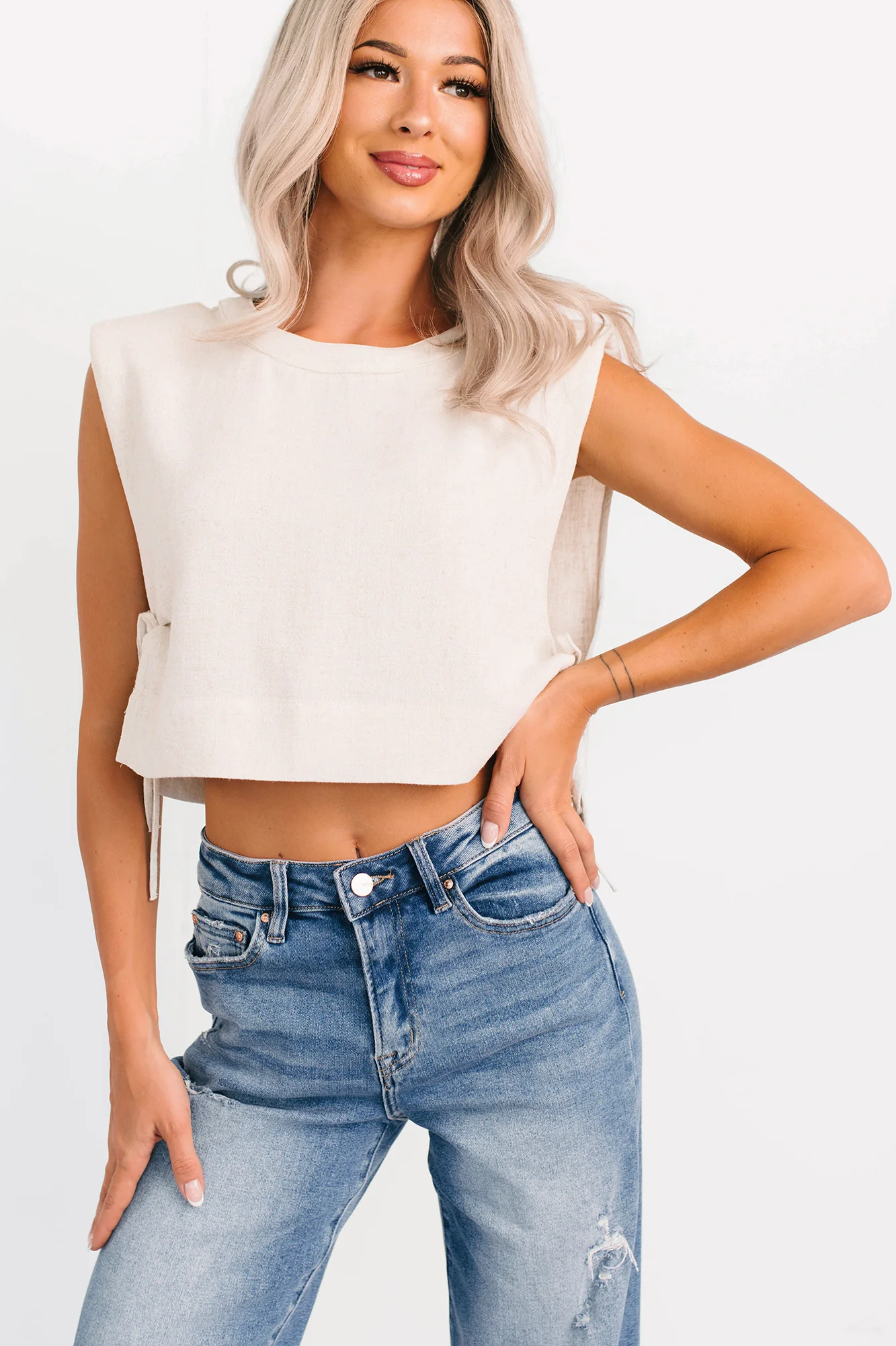Simply Divided Sleeveless Side Tie Linen Top (Oatmeal) - Image 10