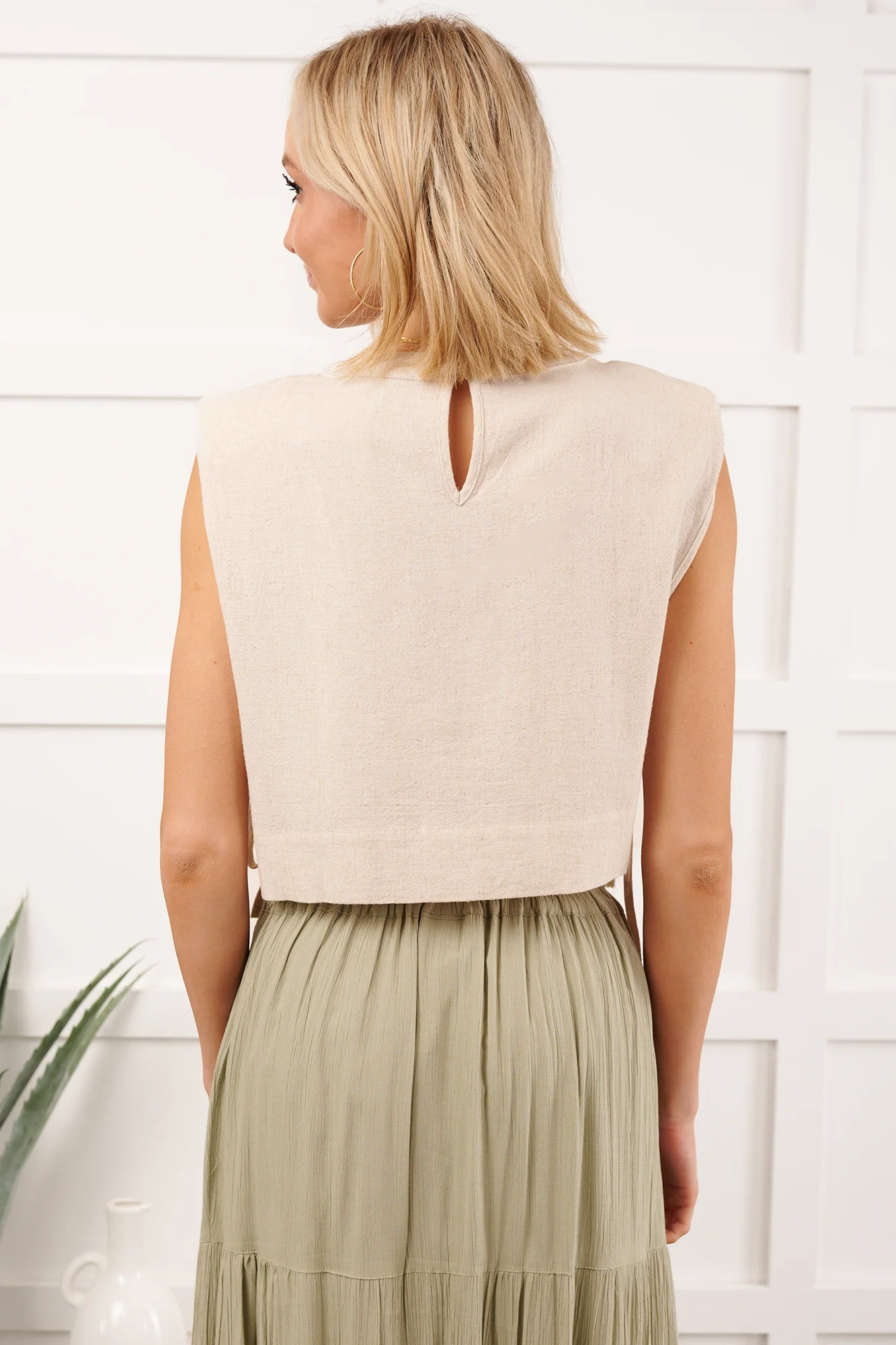 Simply Divided Sleeveless Side Tie Linen Top (Oatmeal) - Image 5