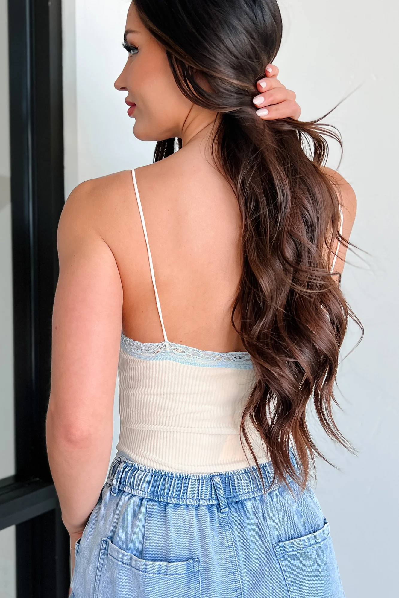 Simply Fiction Lace Trim Velvet Bodysuit (Cream/Light Blue) - Image 4