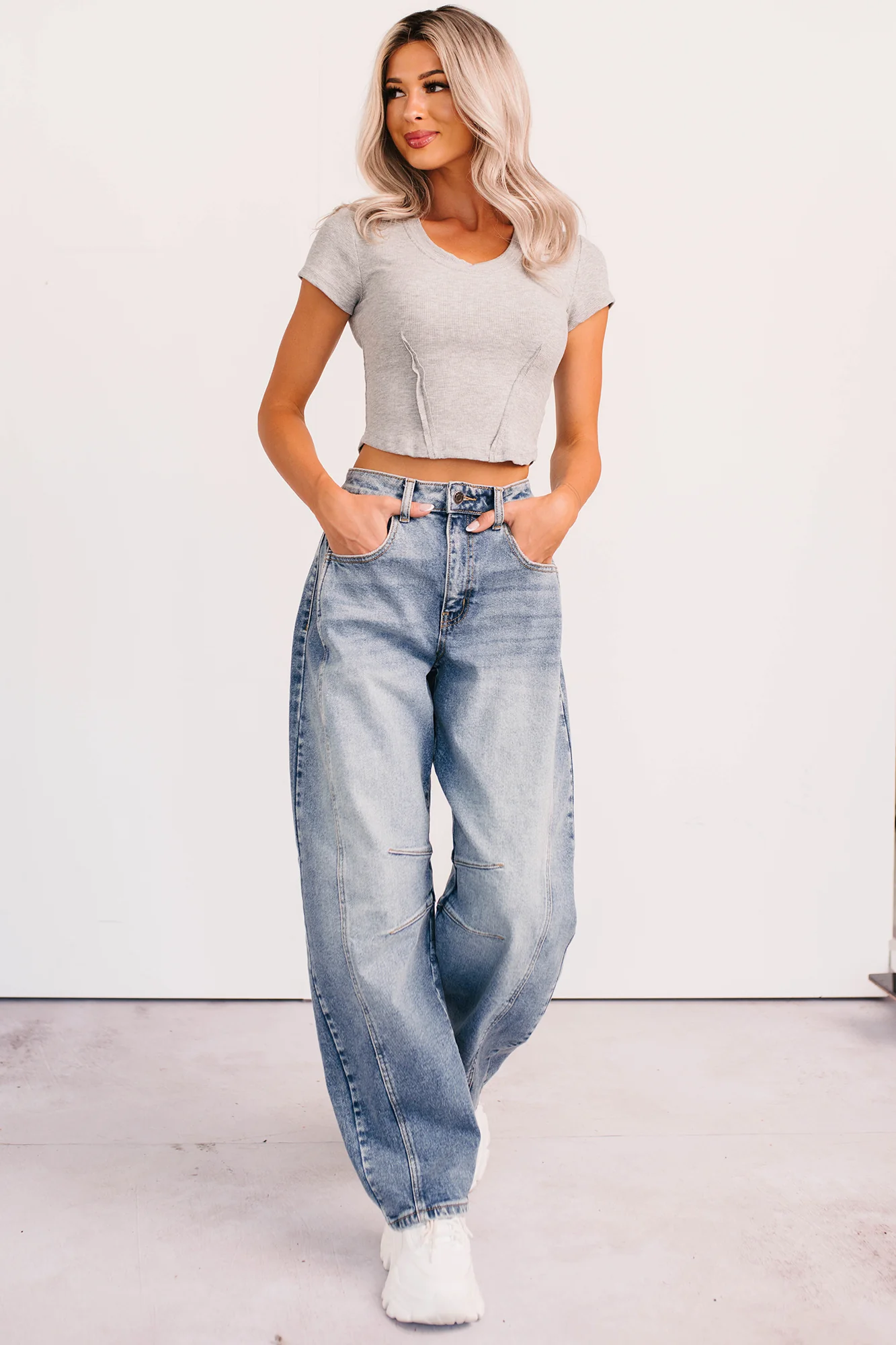 Sink Into It Raw Edge Signature 8 Crop Tee (Heather Grey) - Image 4