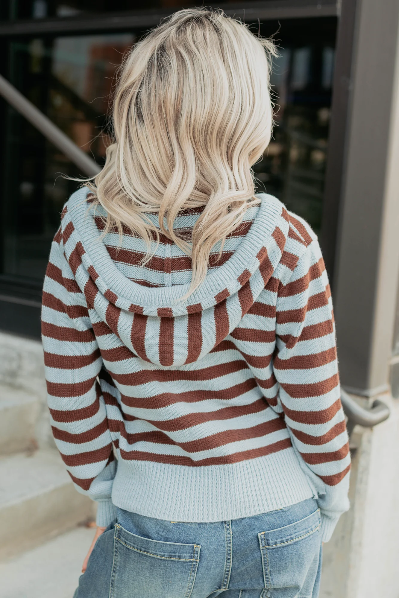Sinking In Striped Knit Hooded Cardigan (Light Blue) - Image 4