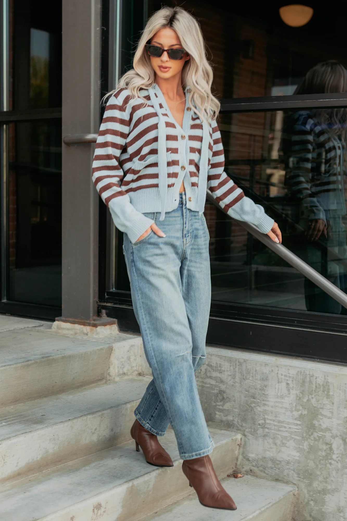 Sinking In Striped Knit Hooded Cardigan (Light Blue) - Image 9