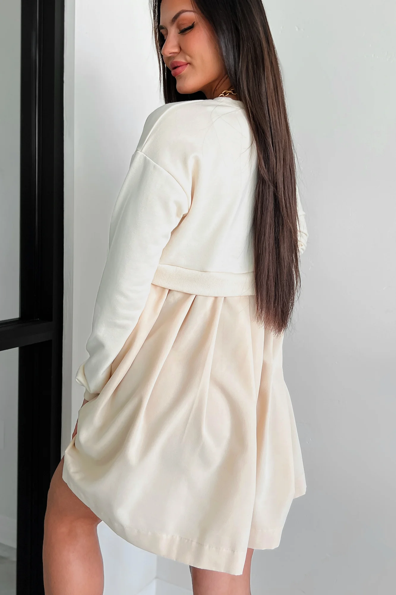 Siobhan Contrast Terry Pleated Mini Dress (Stone) - Image 3
