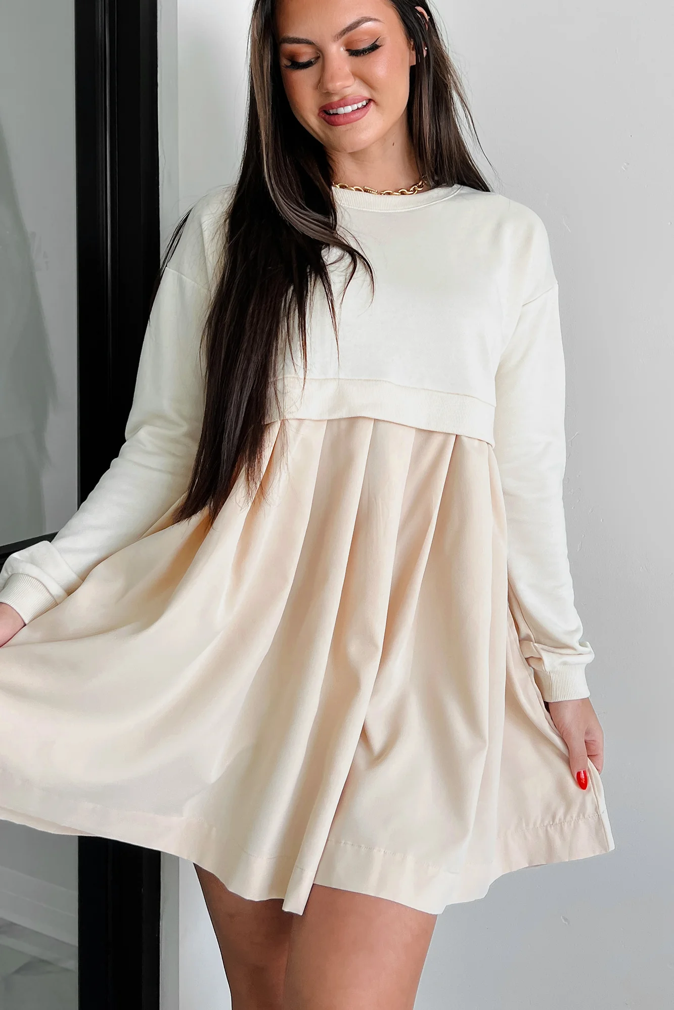 Siobhan Contrast Terry Pleated Mini Dress (Stone) - Image 4