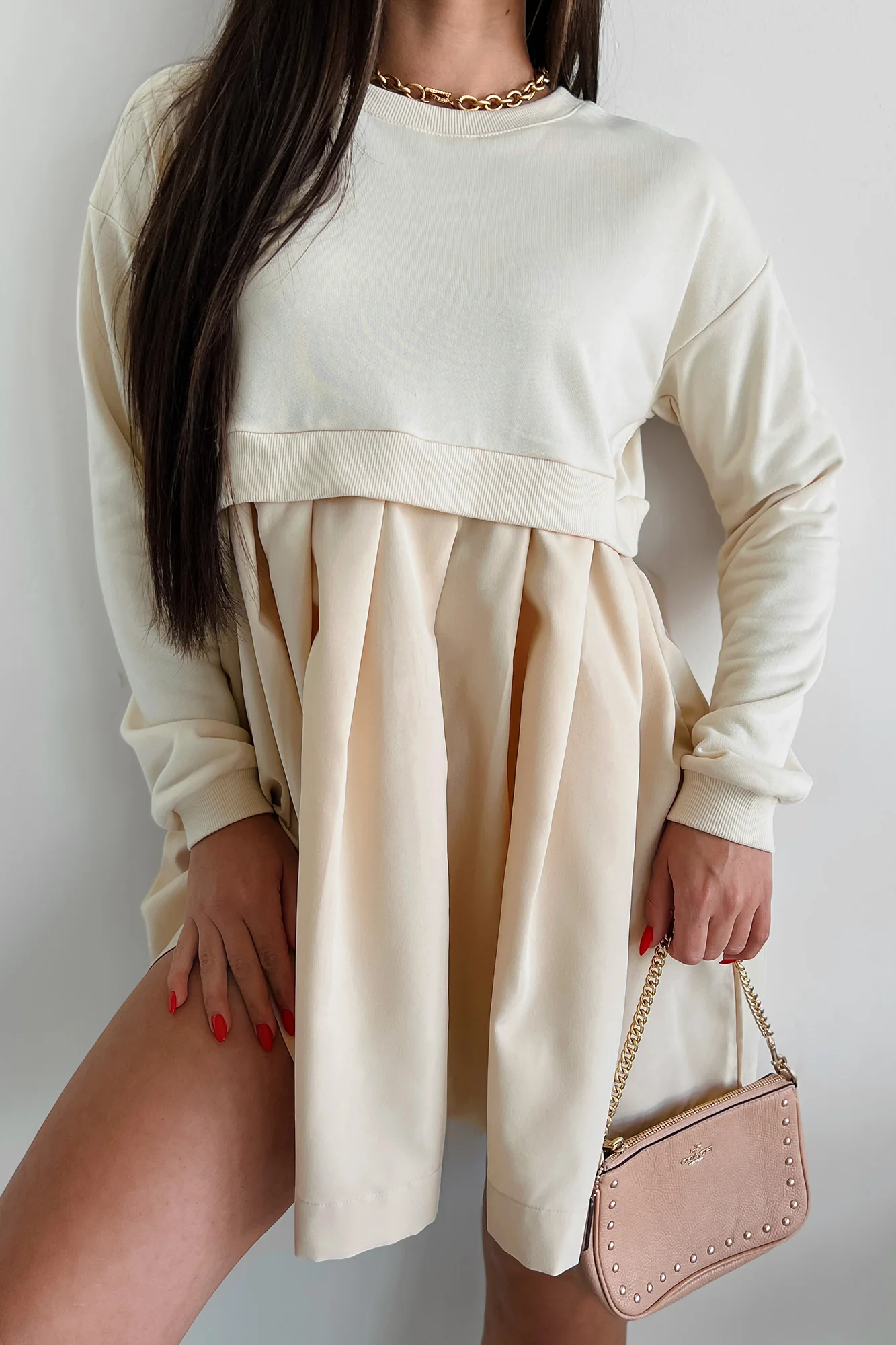 Siobhan Contrast Terry Pleated Mini Dress (Stone) - Image 5