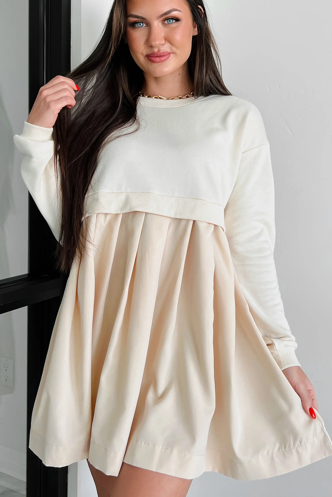 Siobhan Contrast Terry Pleated Mini Dress (Stone) - Image 6