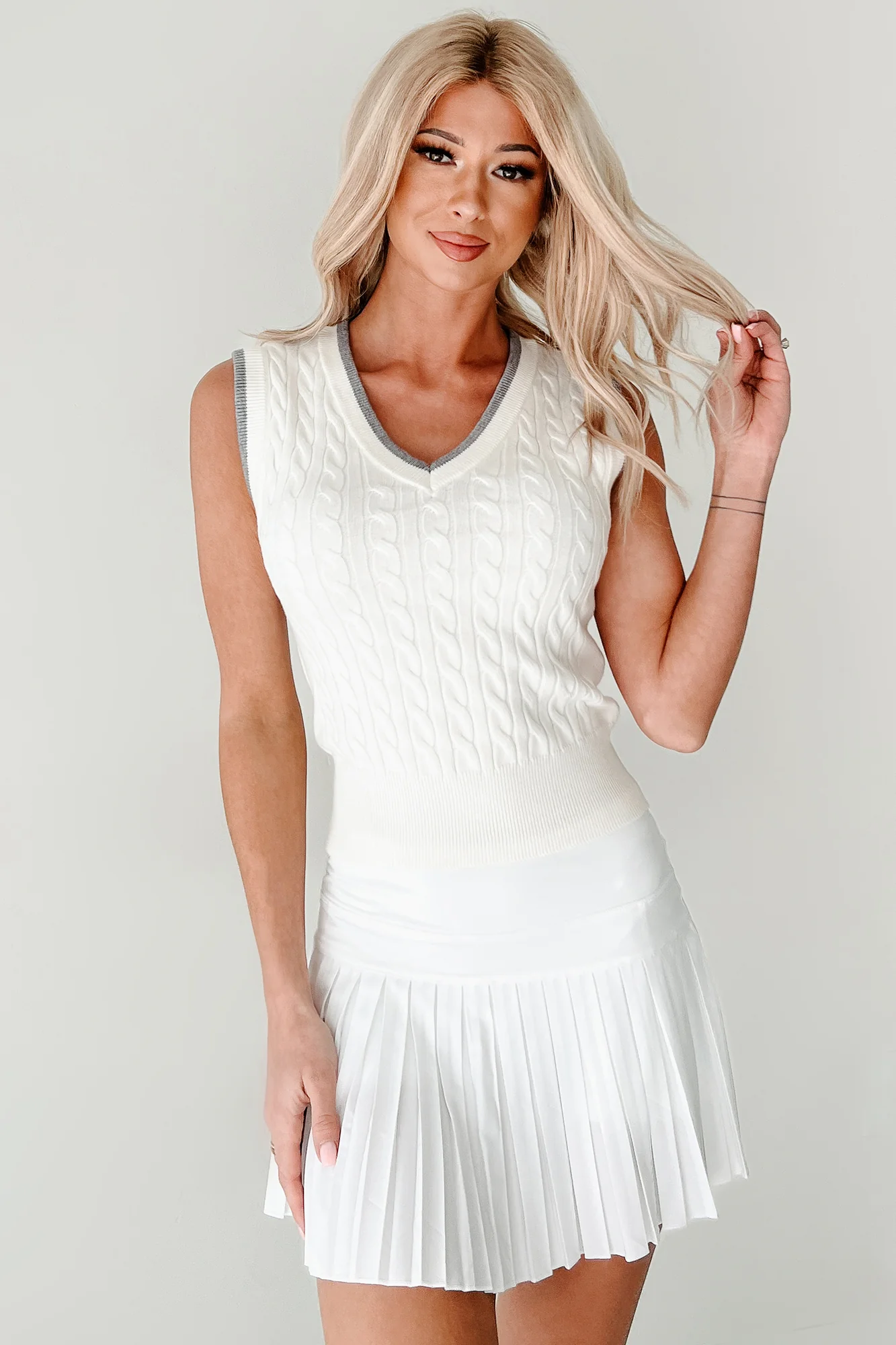 Sipping On Tea Cable Knit Vest (Cream/Grey) - Image 5