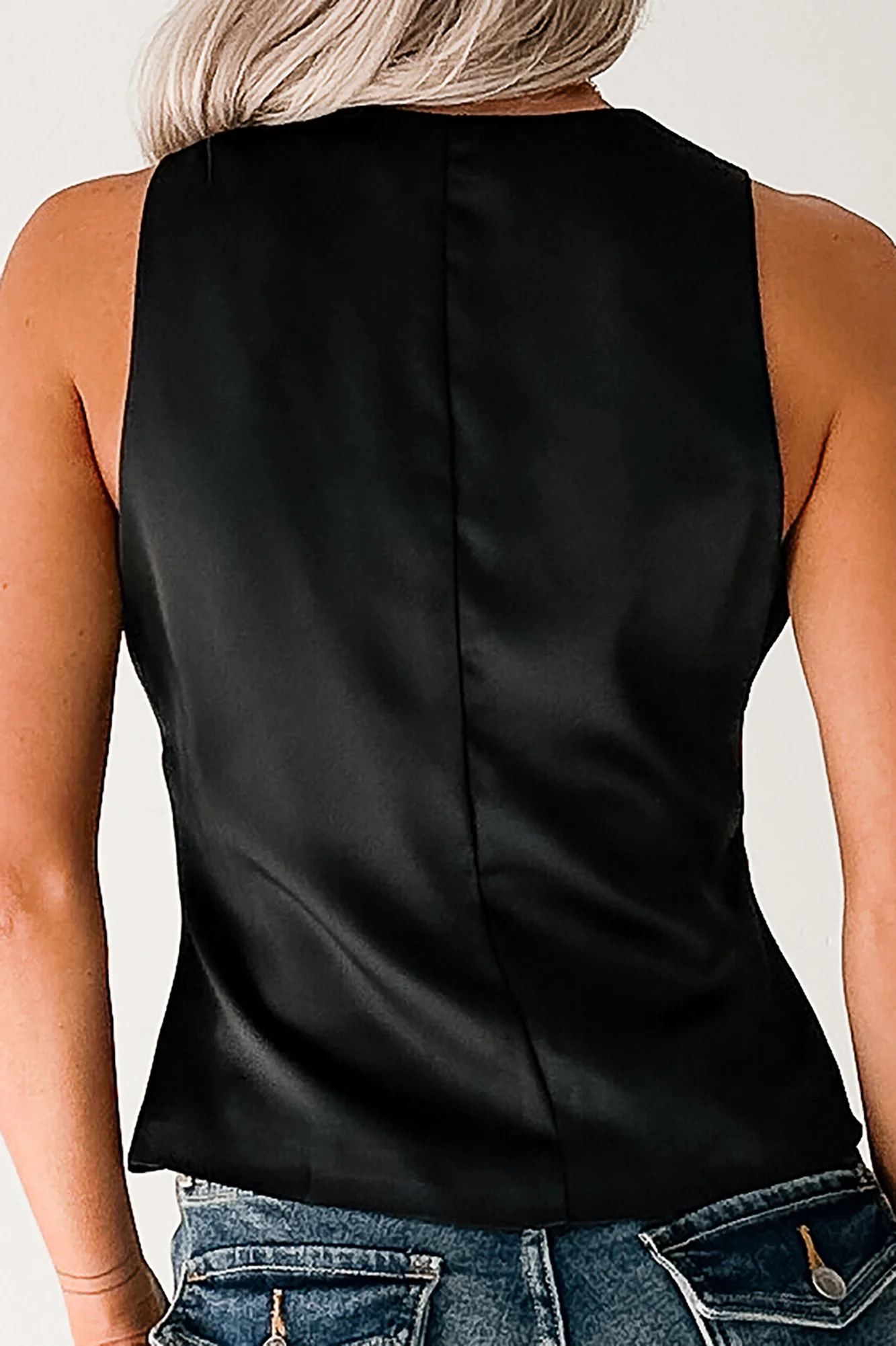 Sit With Me Deep V-Neck Satin Tank Top (Black) - Image 4