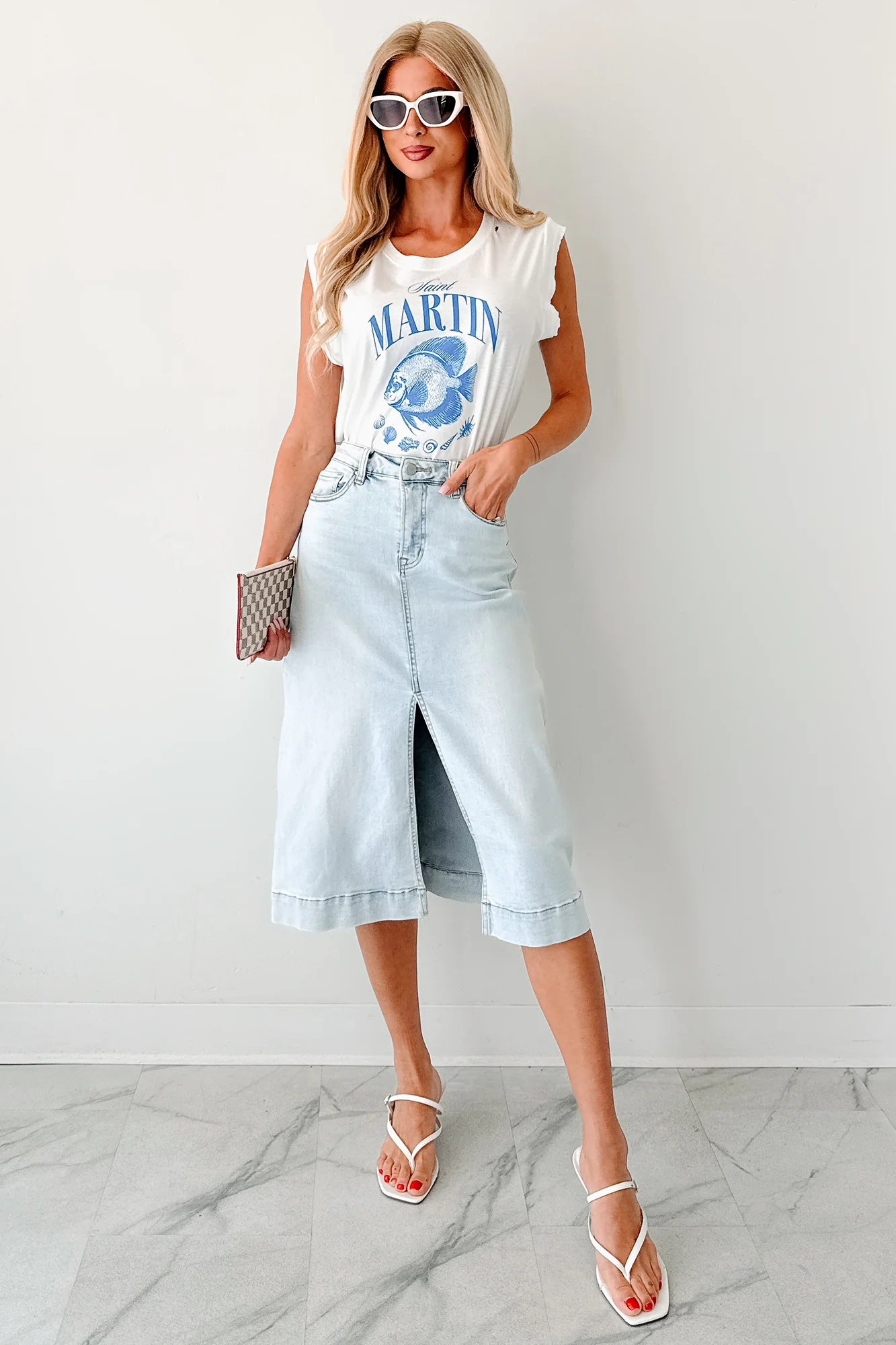 Skirtin' Around High Rise Denim Midi Skirt (Light) - Image 10