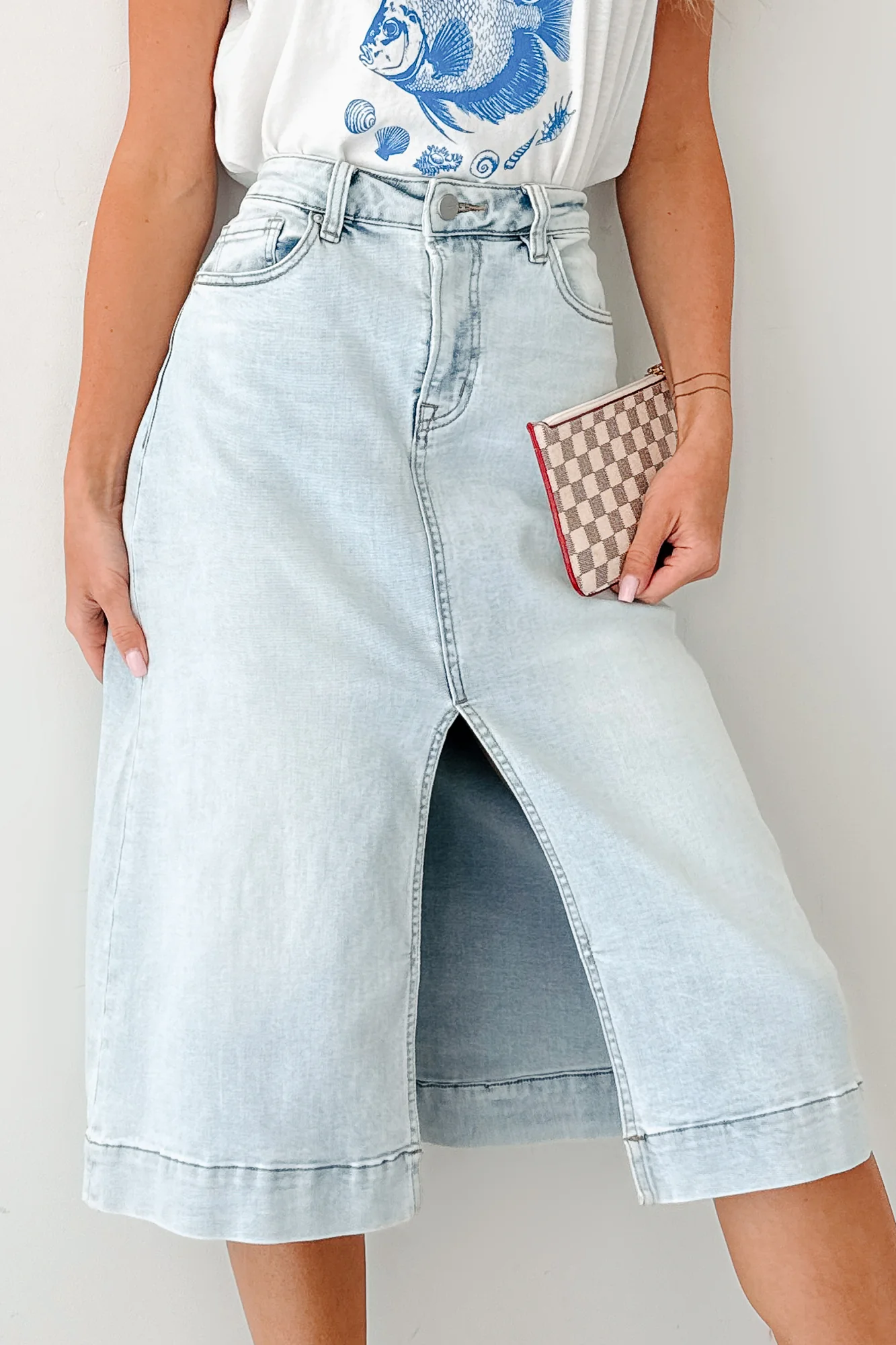 Skirtin' Around High Rise Denim Midi Skirt (Light) - Image 2