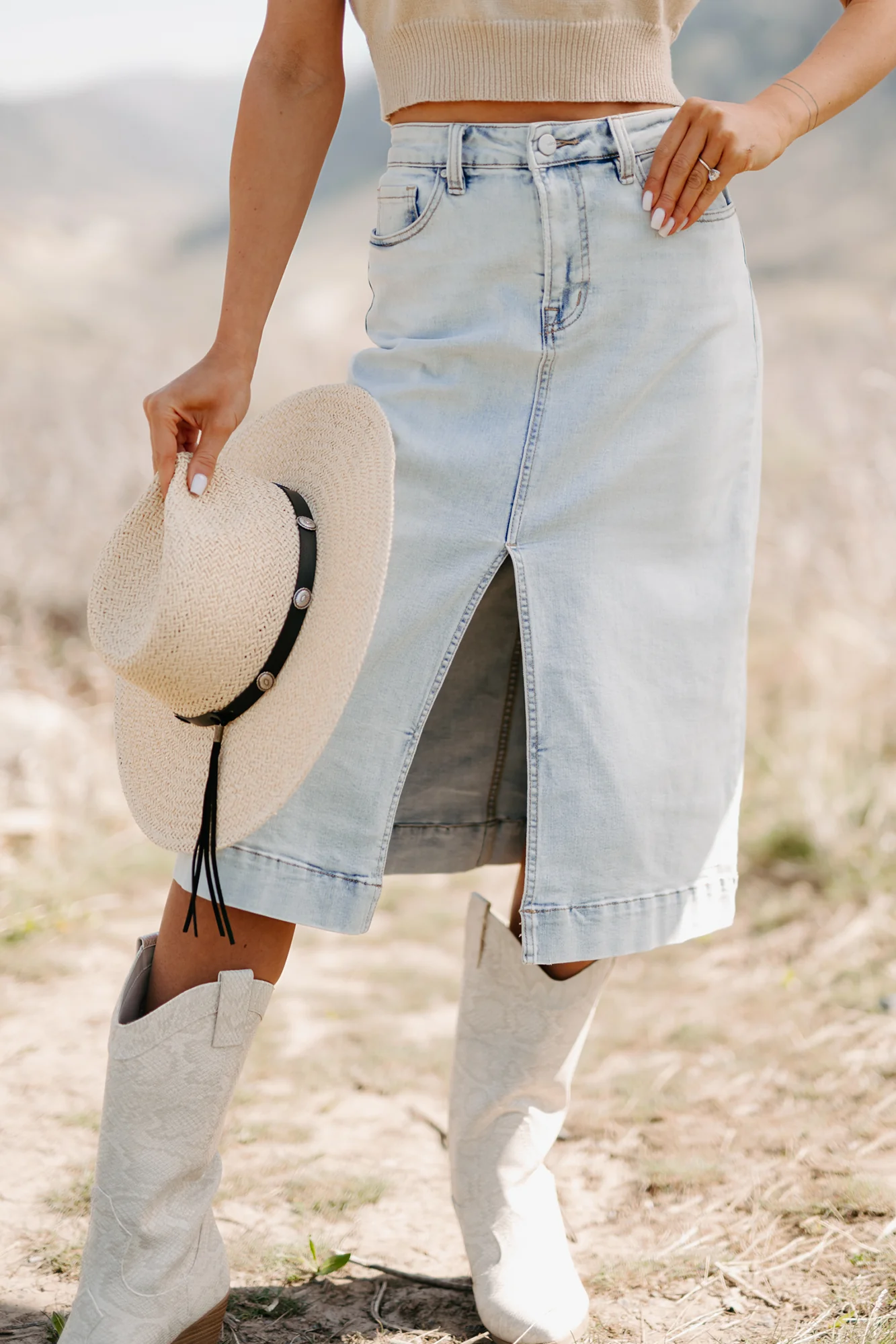 Skirtin' Around High Rise Denim Midi Skirt (Light) - Image 4