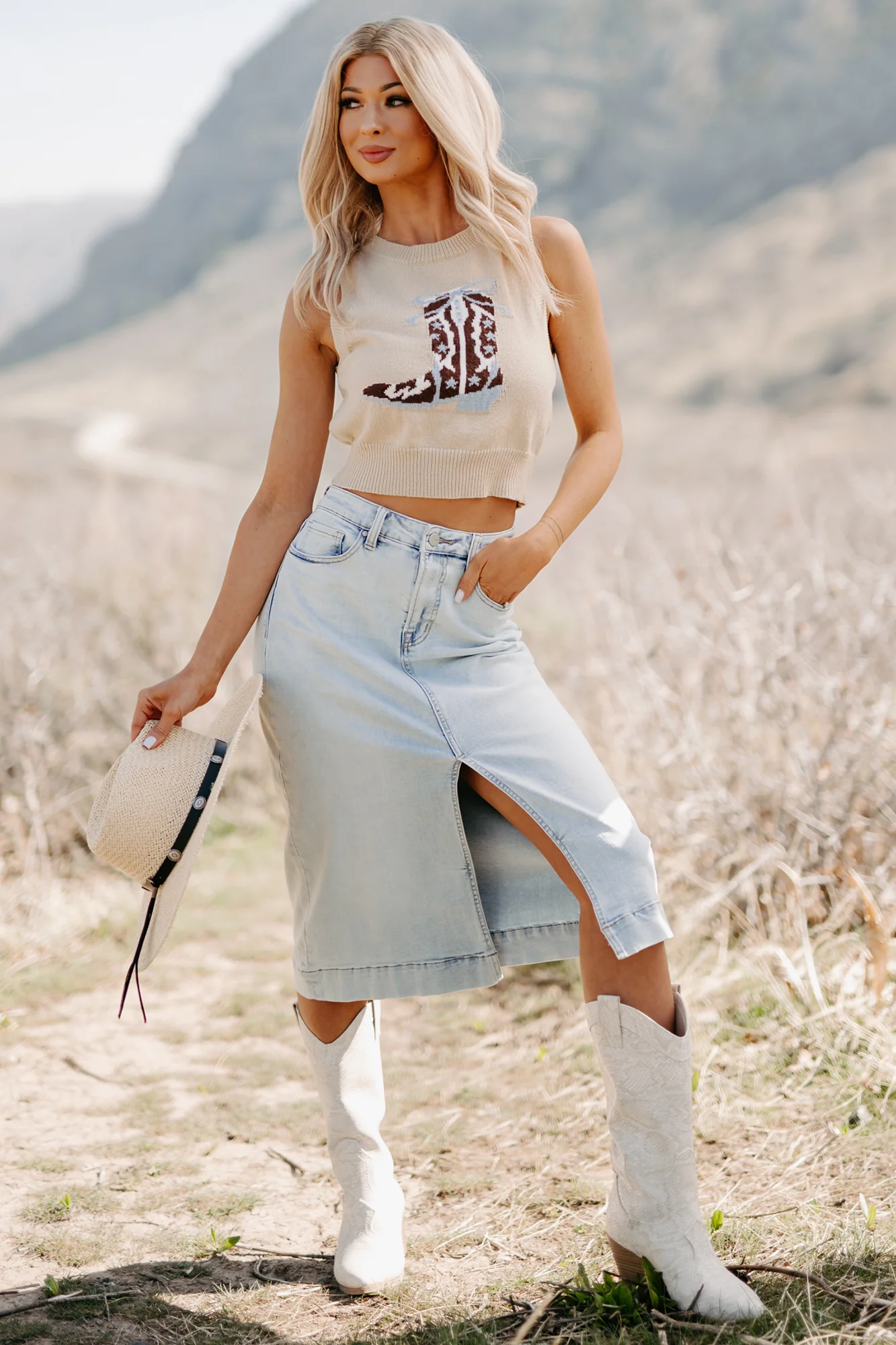 Skirtin' Around High Rise Denim Midi Skirt (Light) - Image 5