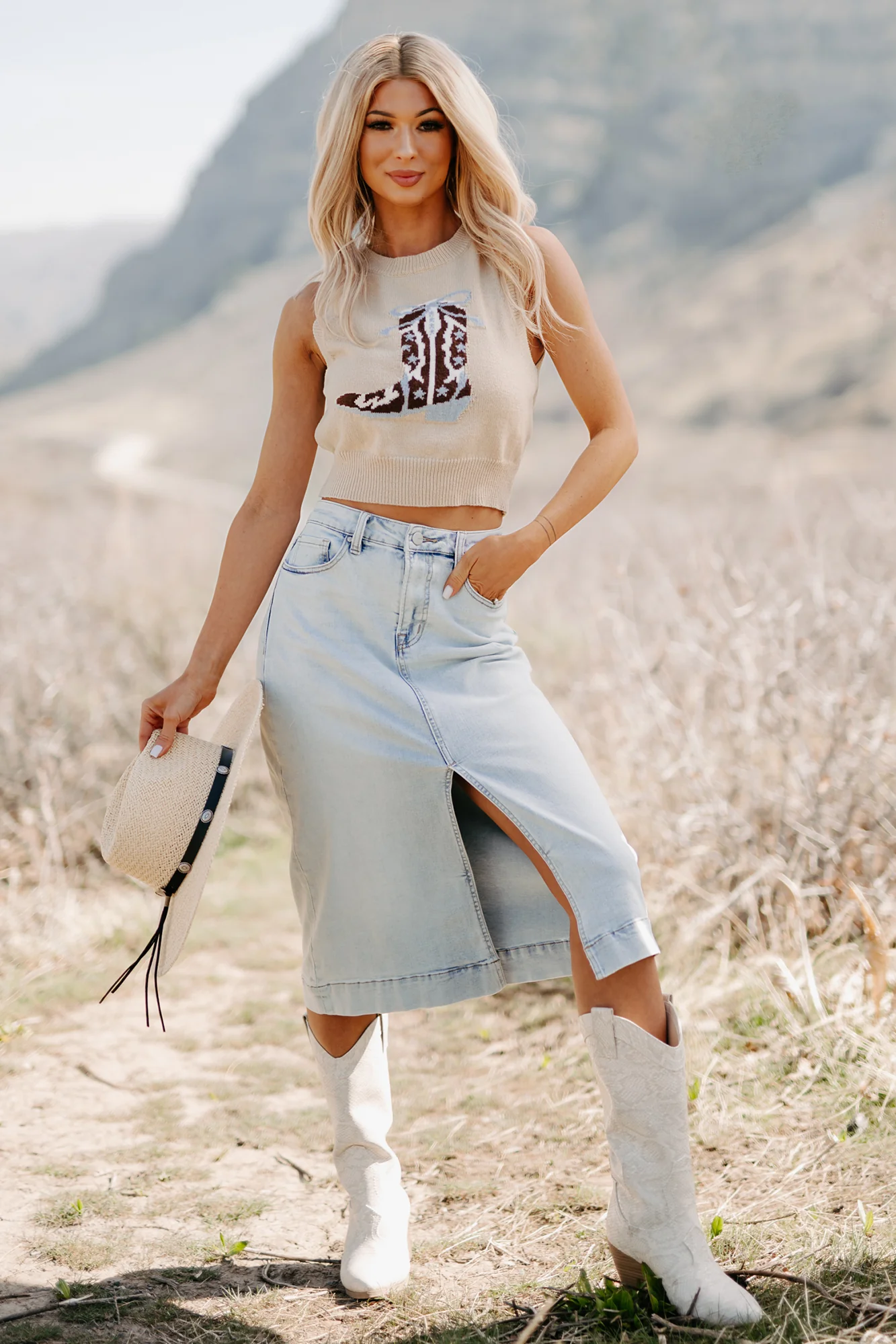 Skirtin' Around High Rise Denim Midi Skirt (Light) - Image 6