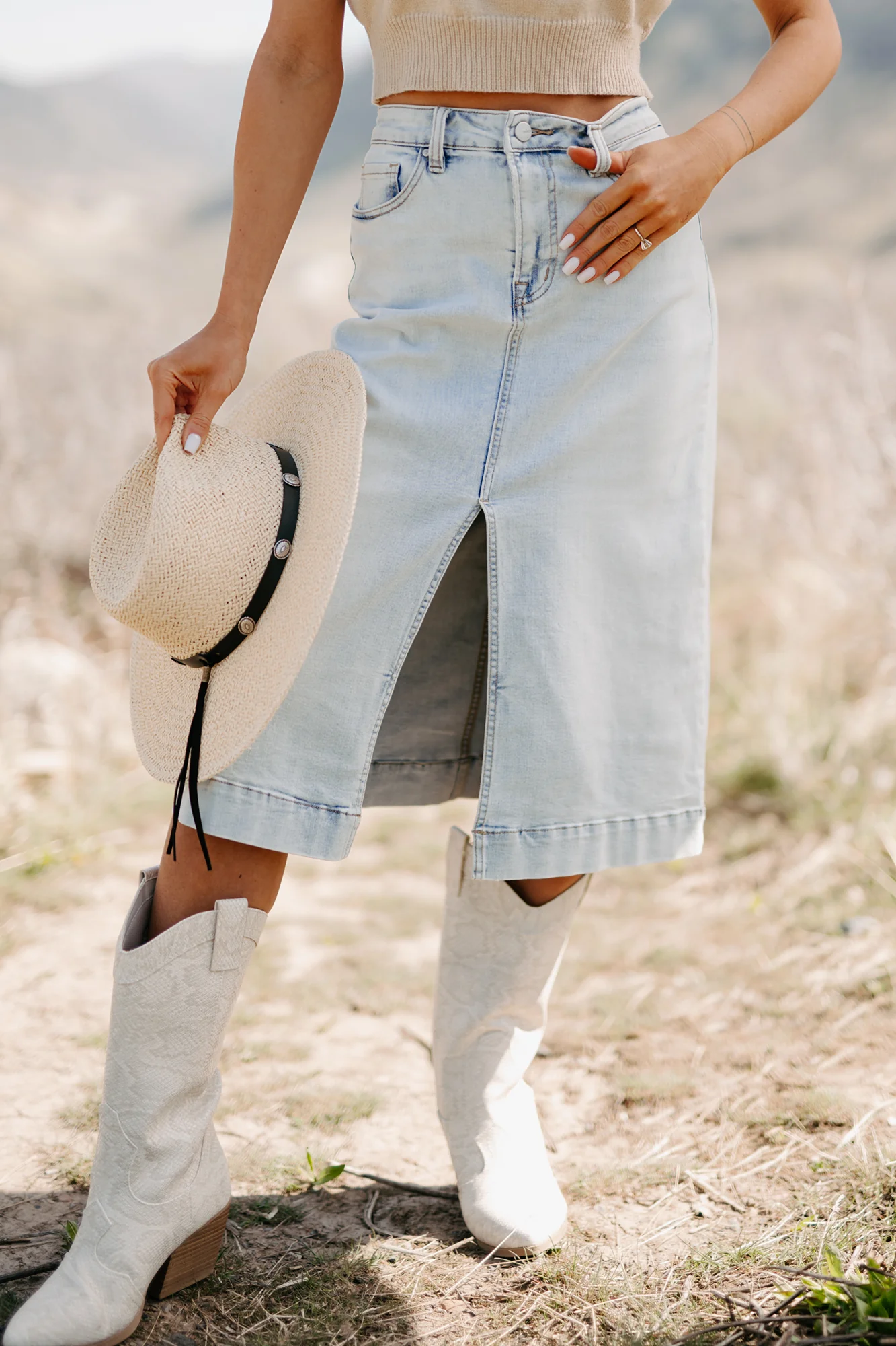 Skirtin' Around High Rise Denim Midi Skirt (Light) - Image 7