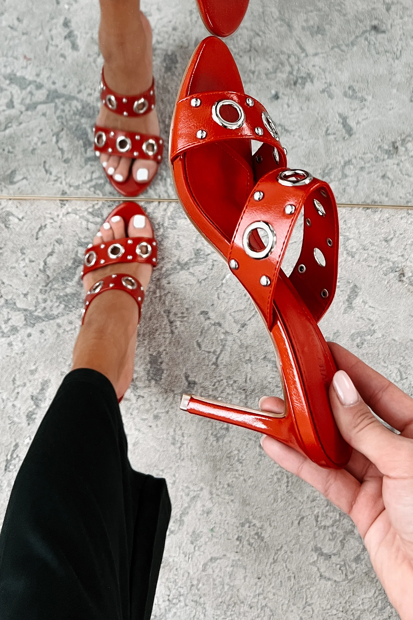 Skyline Views Double-Strap Studded Heeled Sandals (Red) - Image 2