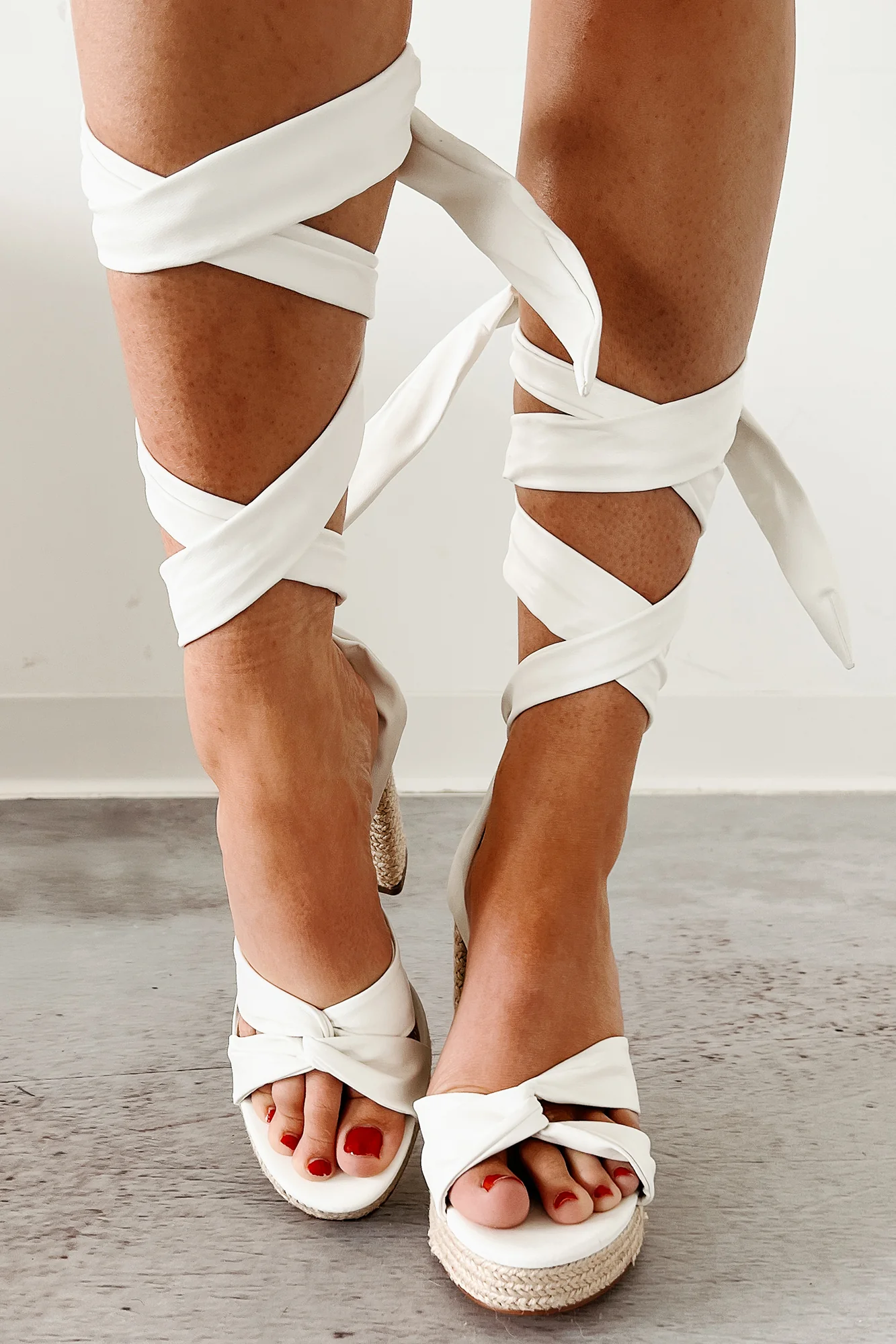 Slay Season Wrap Tie Espadrille Platform Heels (White) - Image 3