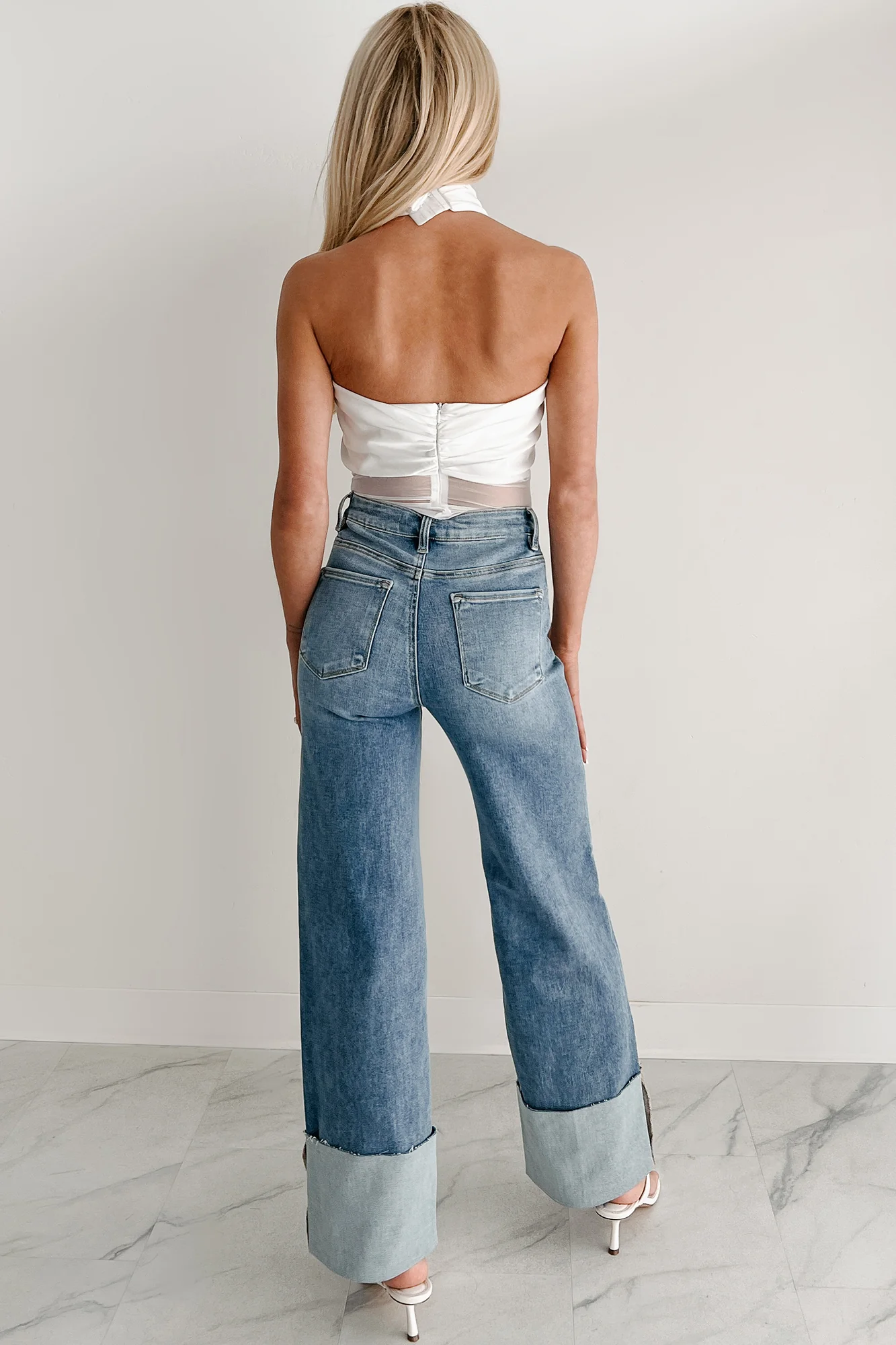 Sleek Simplicity Satin Mesh Halter Bodysuit (White) - Image 3