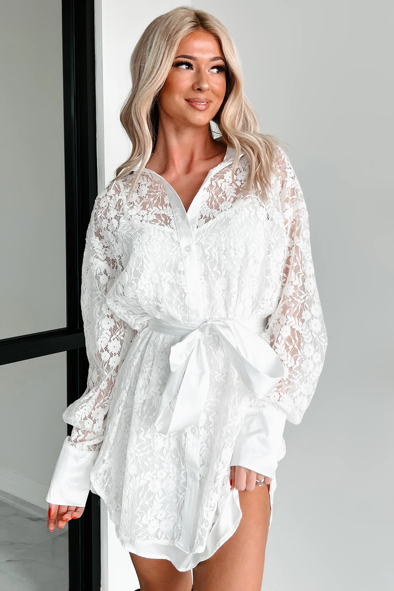 Slice Of Heaven Lace Shirt Dress (White) - Image 3