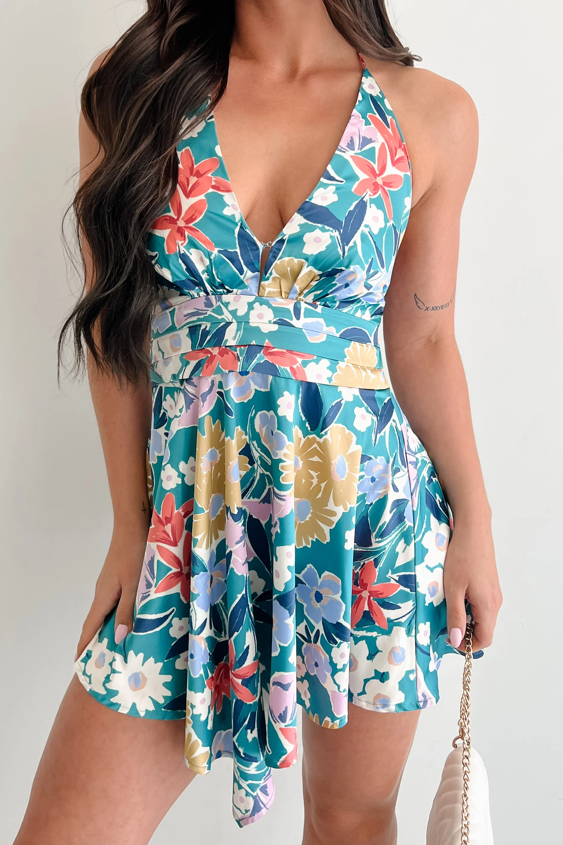 Smile Brighter Floral Halter Mini Dress (Pine Green) - Image 12
