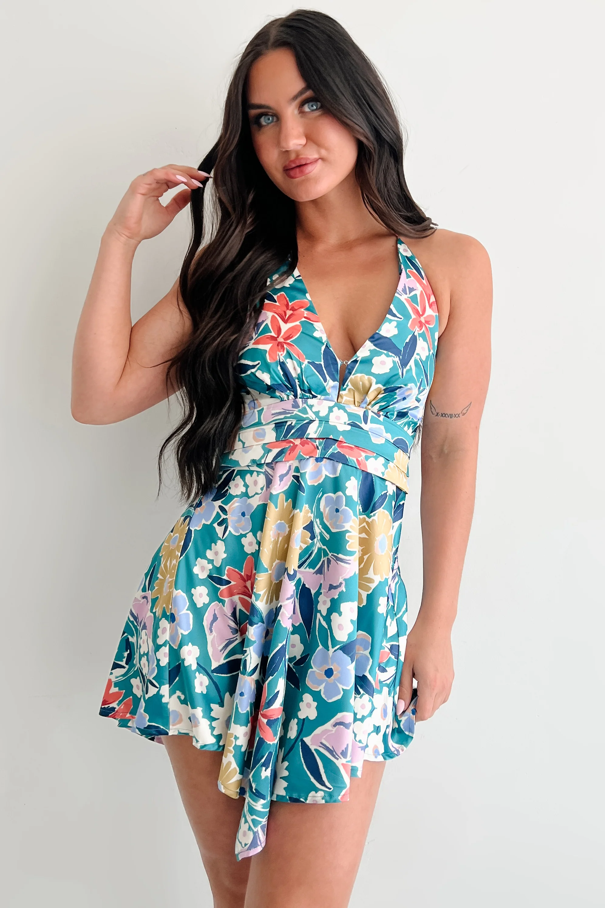 Smile Brighter Floral Halter Mini Dress (Pine Green) - Image 16