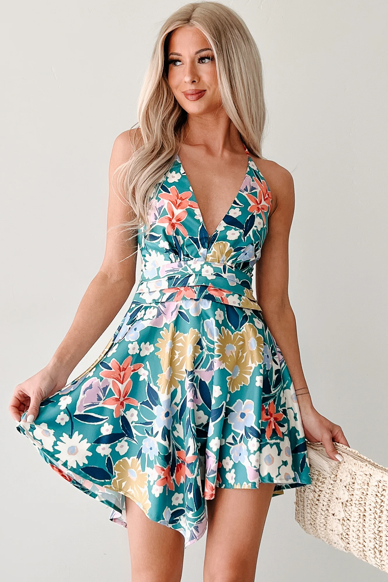 Smile Brighter Floral Halter Mini Dress (Pine Green) - Image 4