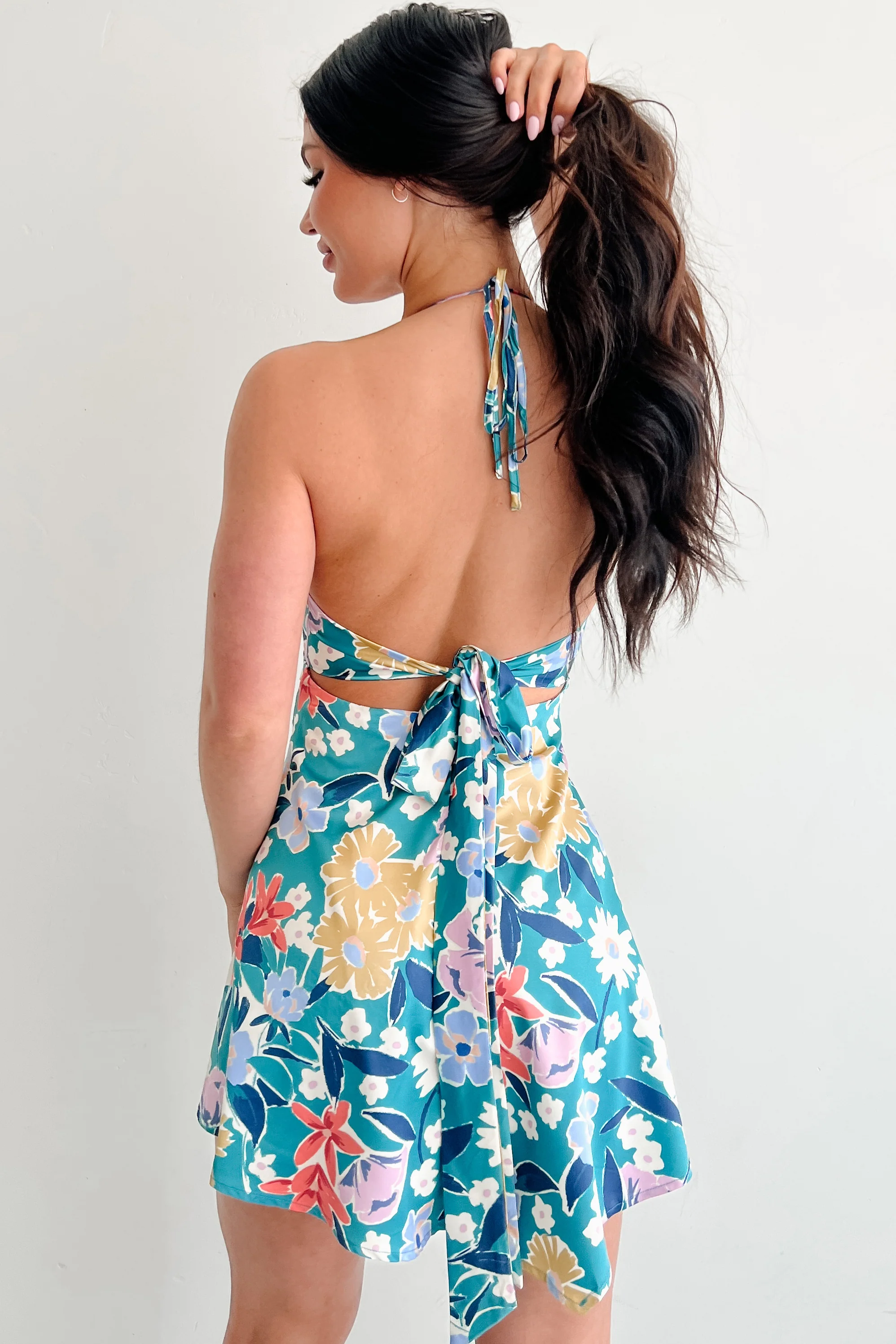 Smile Brighter Floral Halter Mini Dress (Pine Green) - Image 9