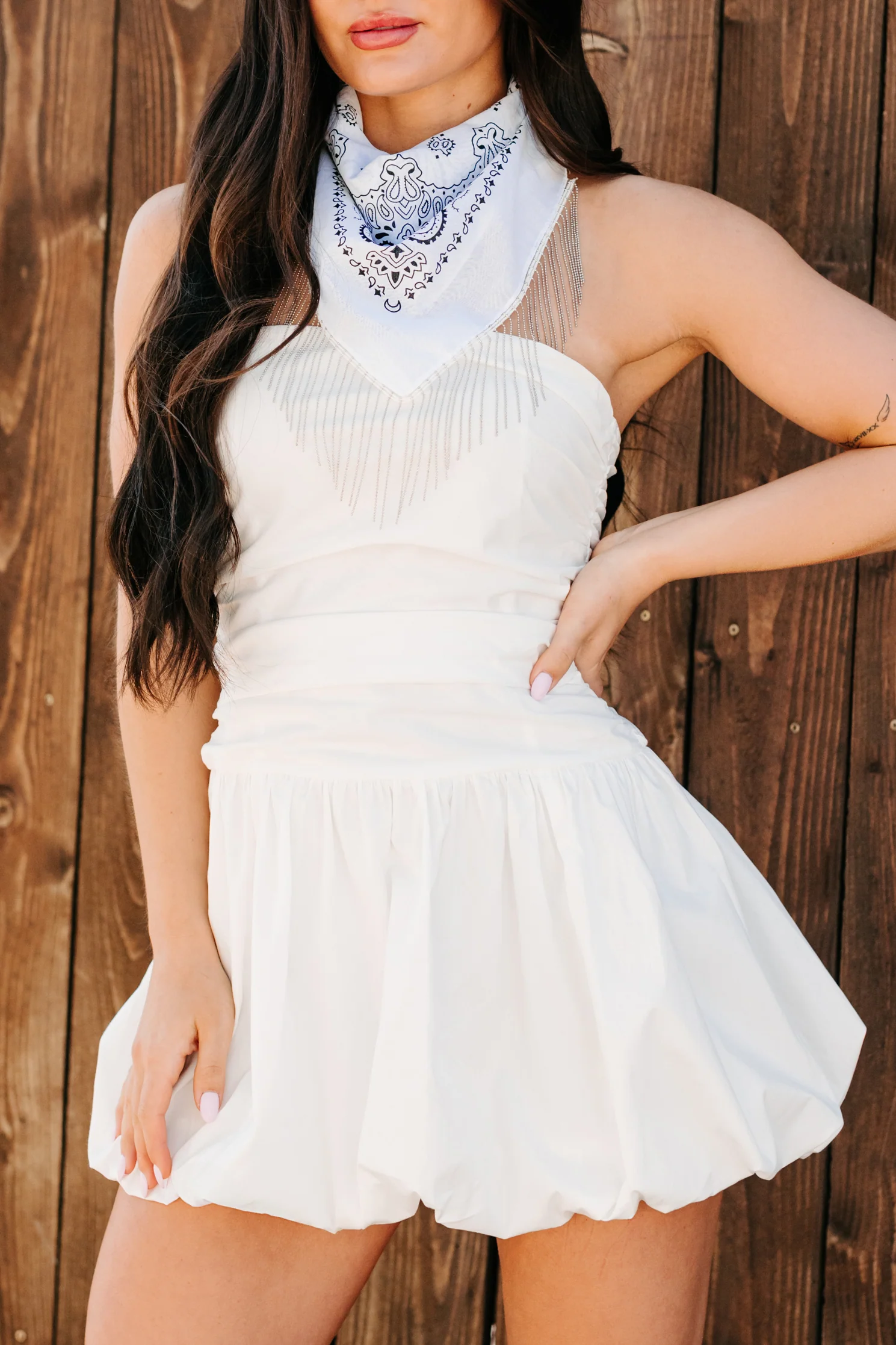 Smile & Stay Strapless Bubble Hem Mini Dress (White) - Image 2