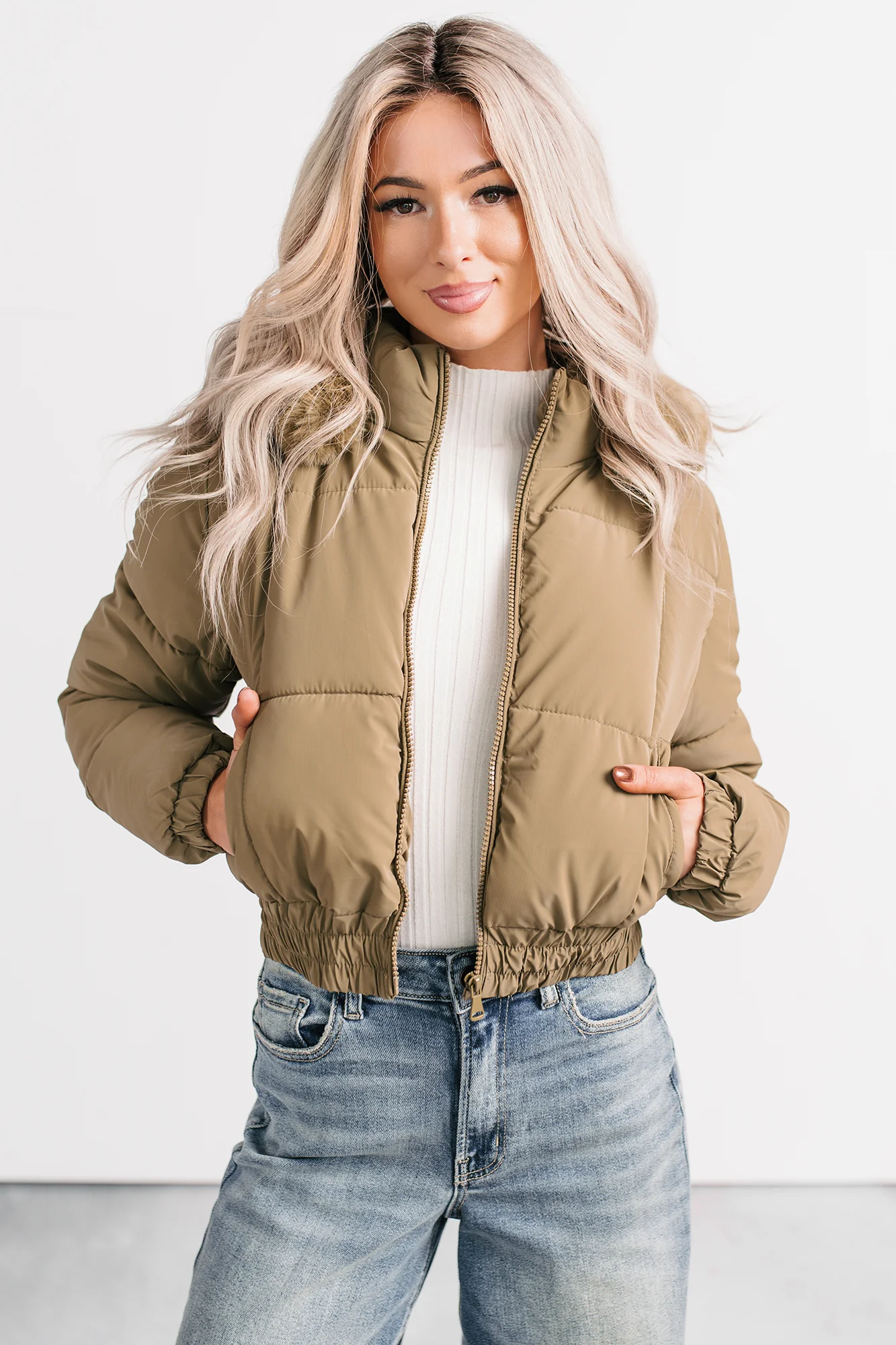 Snowflake Sweetie Faux Fur Hooded Puffer Jacket (Olive) - Image 3