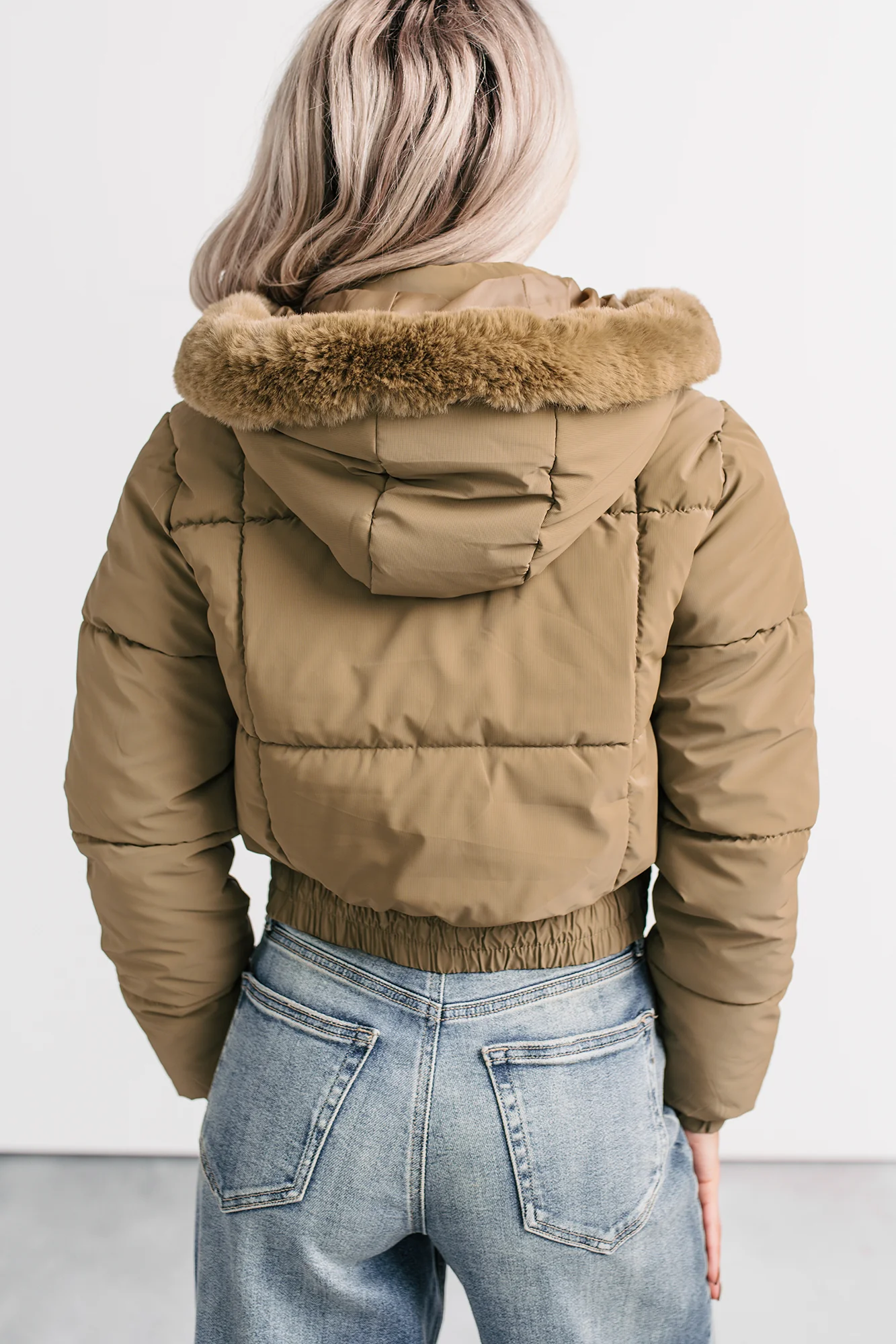 Snowflake Sweetie Faux Fur Hooded Puffer Jacket (Olive) - Image 4