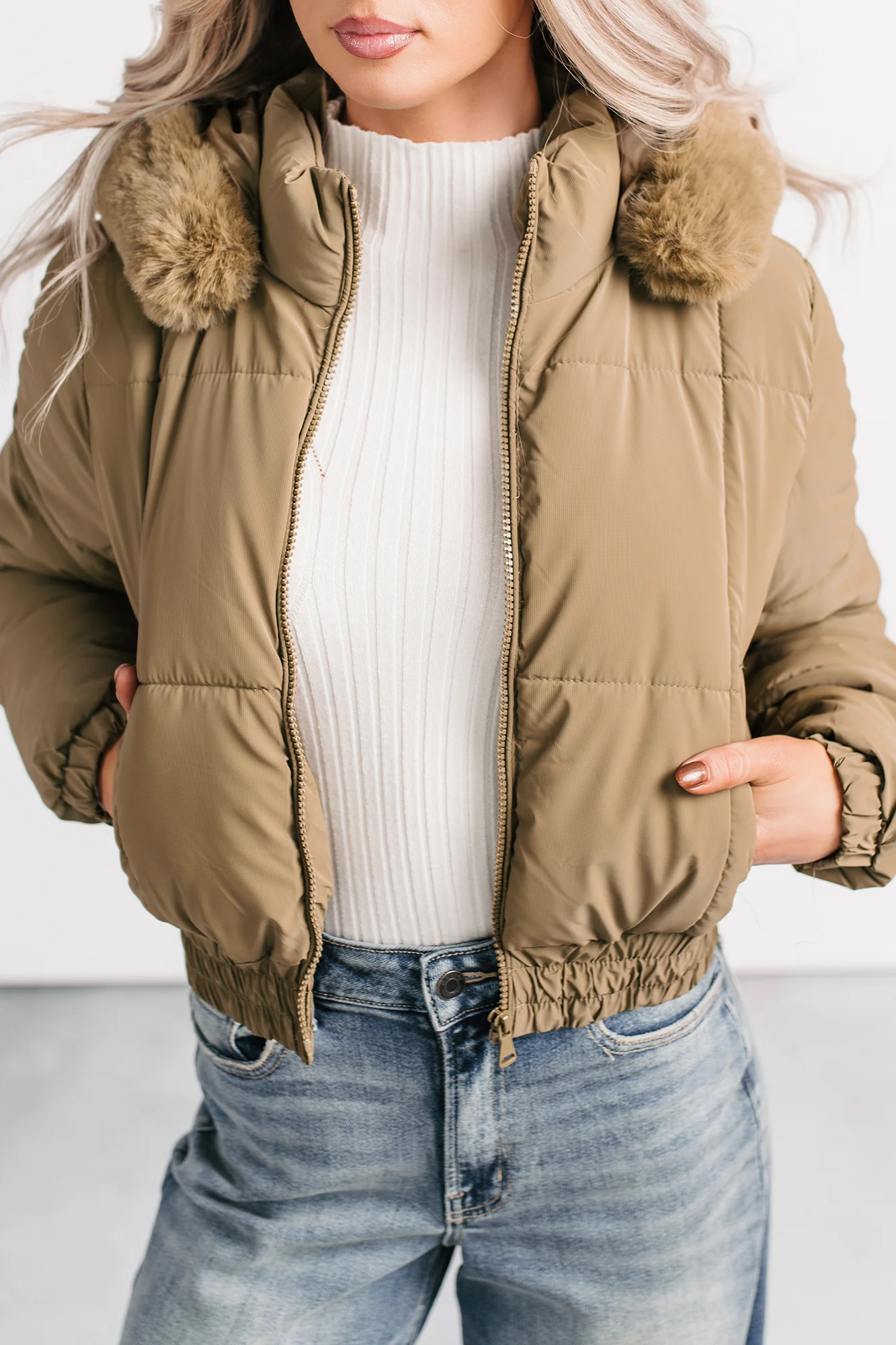 Snowflake Sweetie Faux Fur Hooded Puffer Jacket (Olive) - Image 5