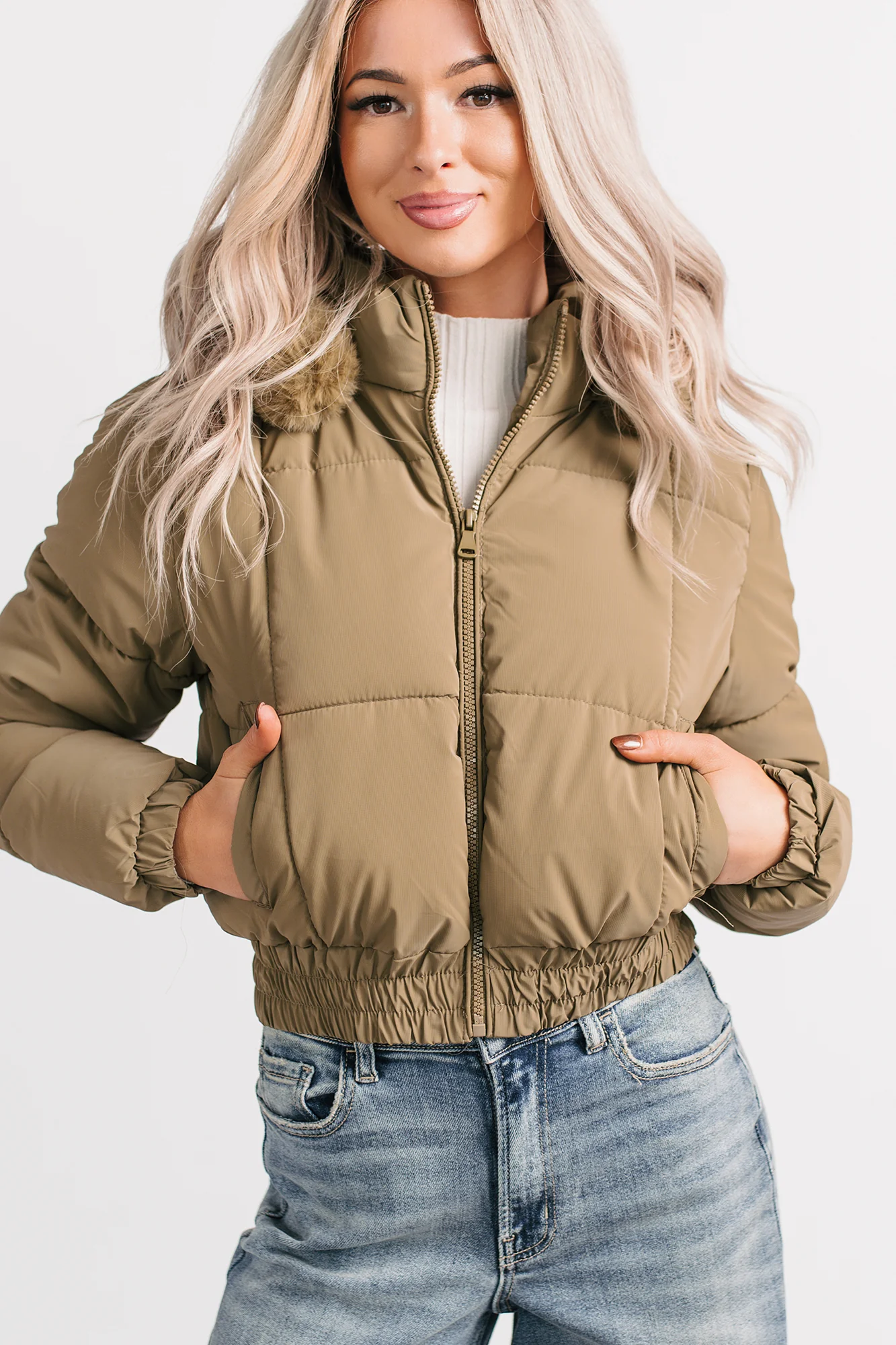 Snowflake Sweetie Faux Fur Hooded Puffer Jacket (Olive) - Image 6