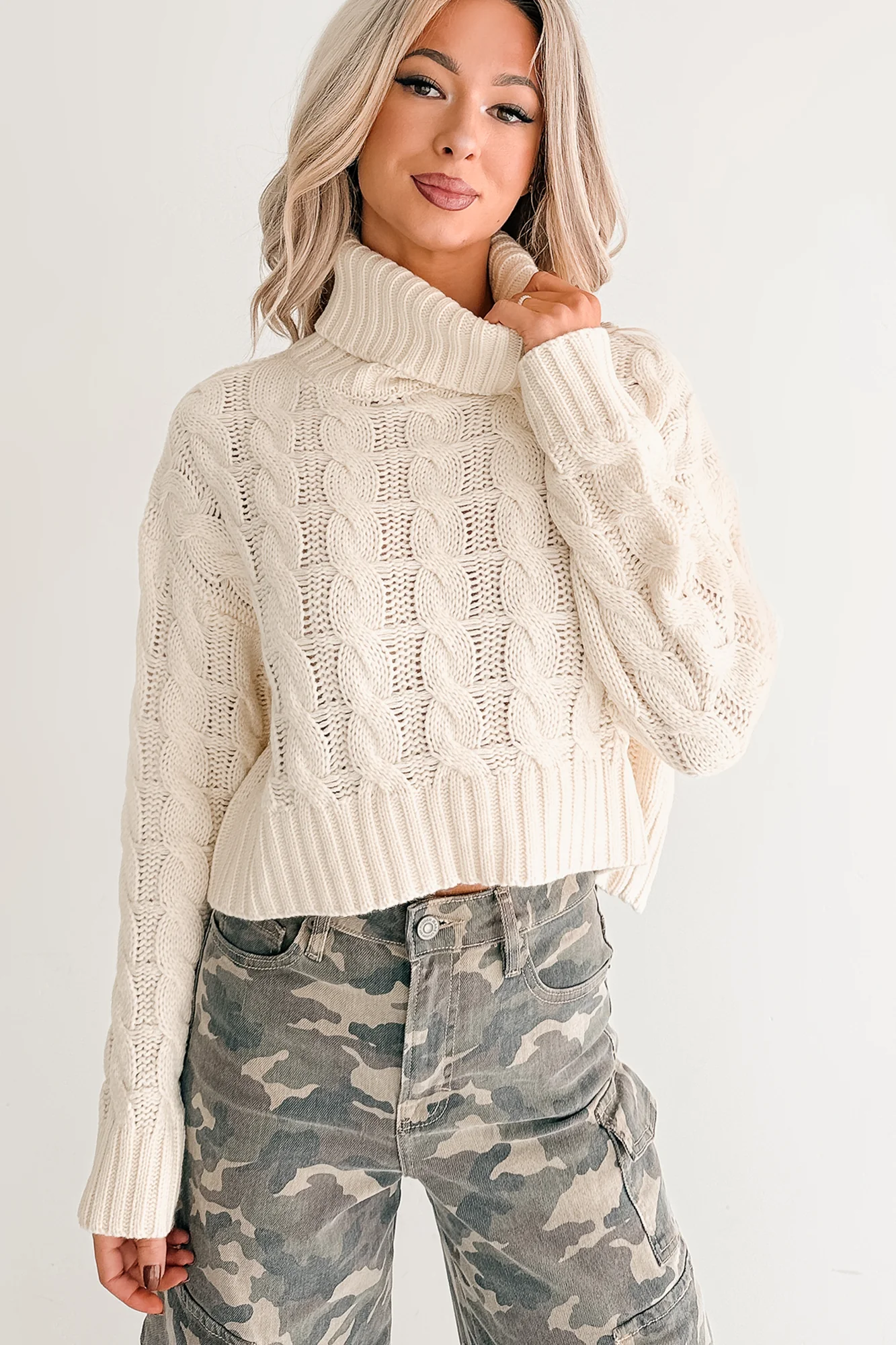 Snug As Ever Cable Knit Cropped Sweater (Cream) - Image 4