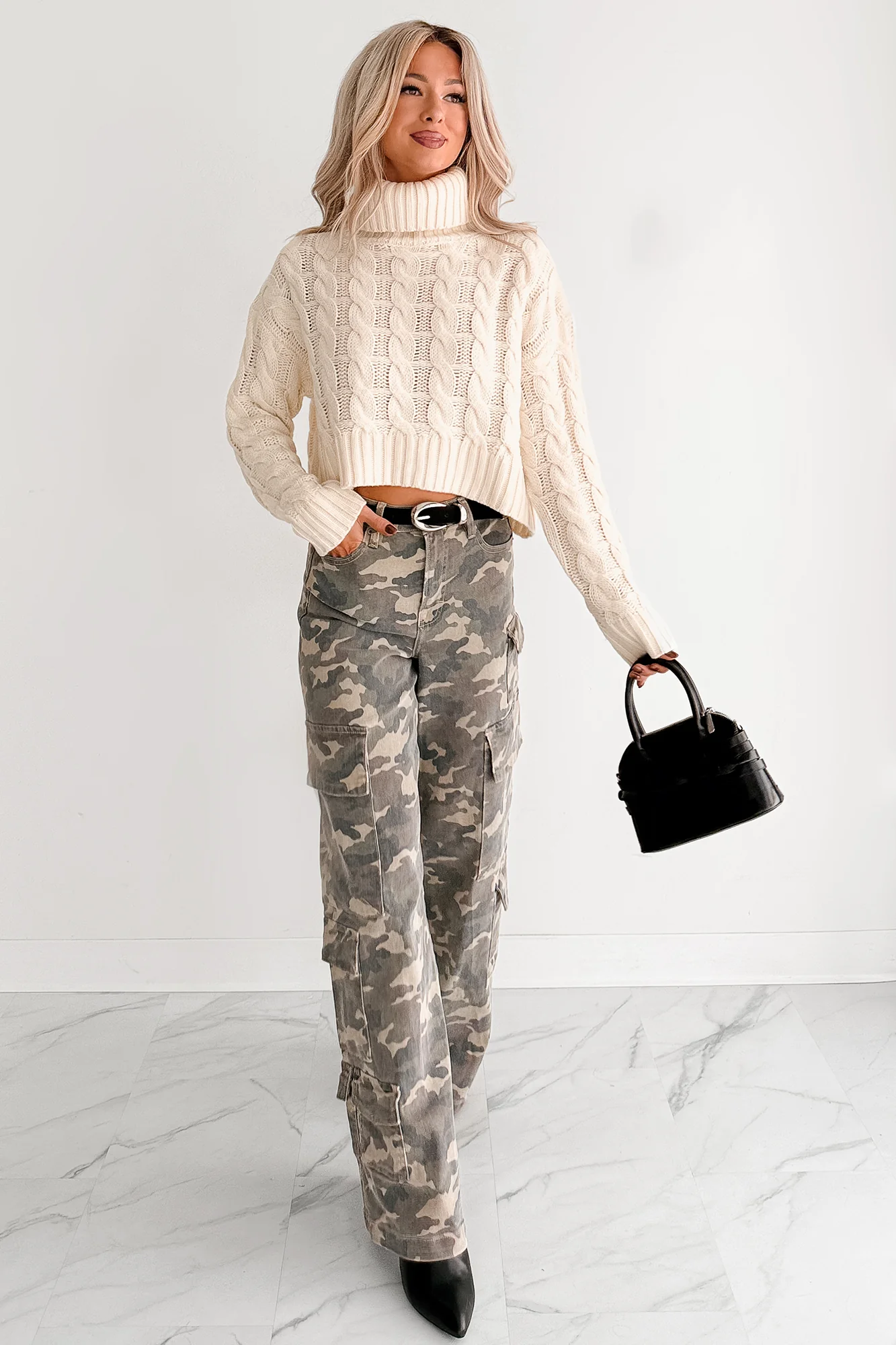 Snug As Ever Cable Knit Cropped Sweater (Cream) - Image 7