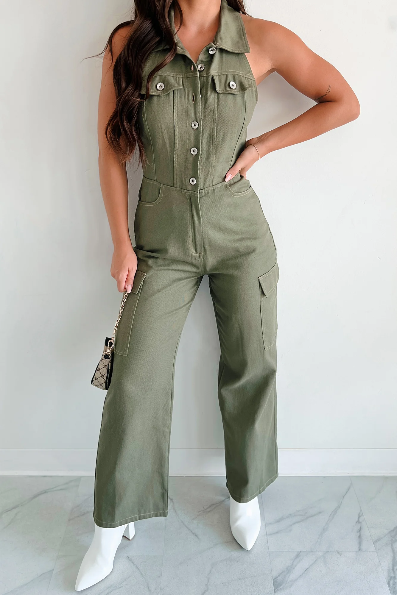 Social Call Denim Halter Cargo Jumpsuit (Olive) - Image 3