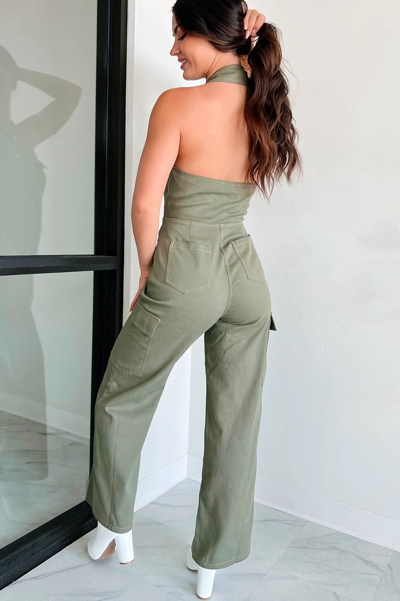 Social Call Denim Halter Cargo Jumpsuit (Olive) - Image 4