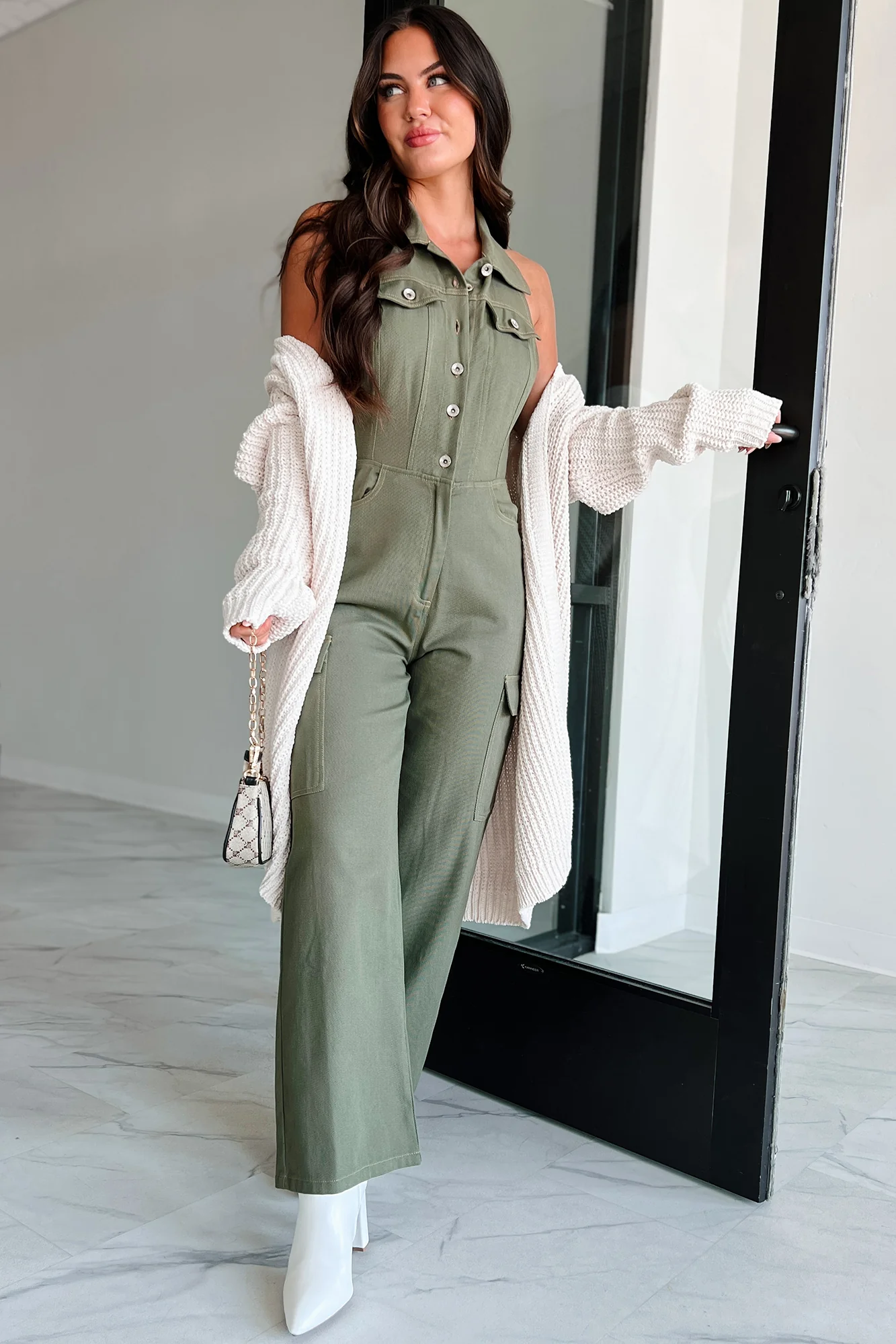 Social Call Denim Halter Cargo Jumpsuit (Olive) - Image 6