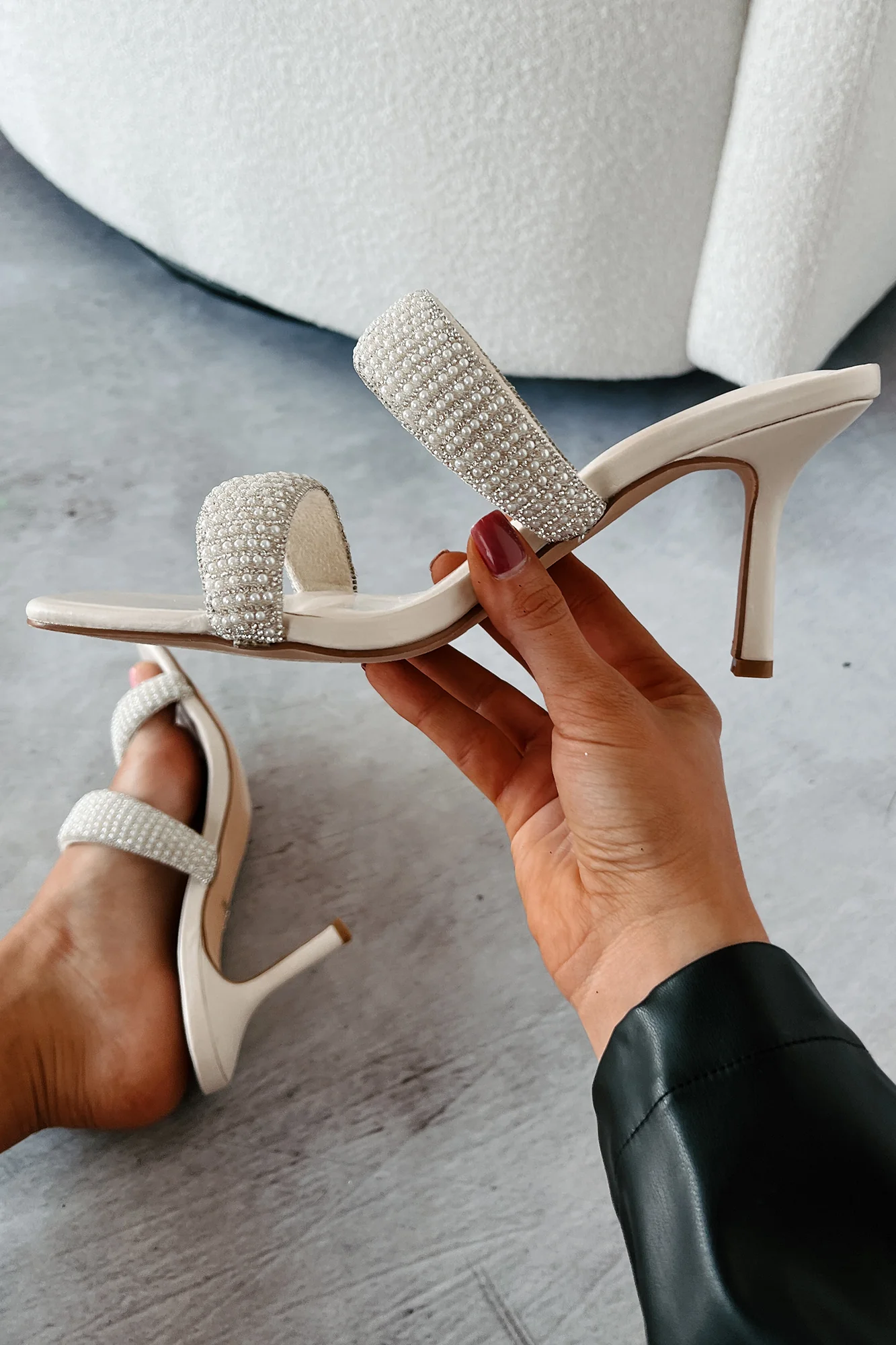 Socialite Surprise Rhinestone Pearl Strap Heels (Ivory) - Image 2